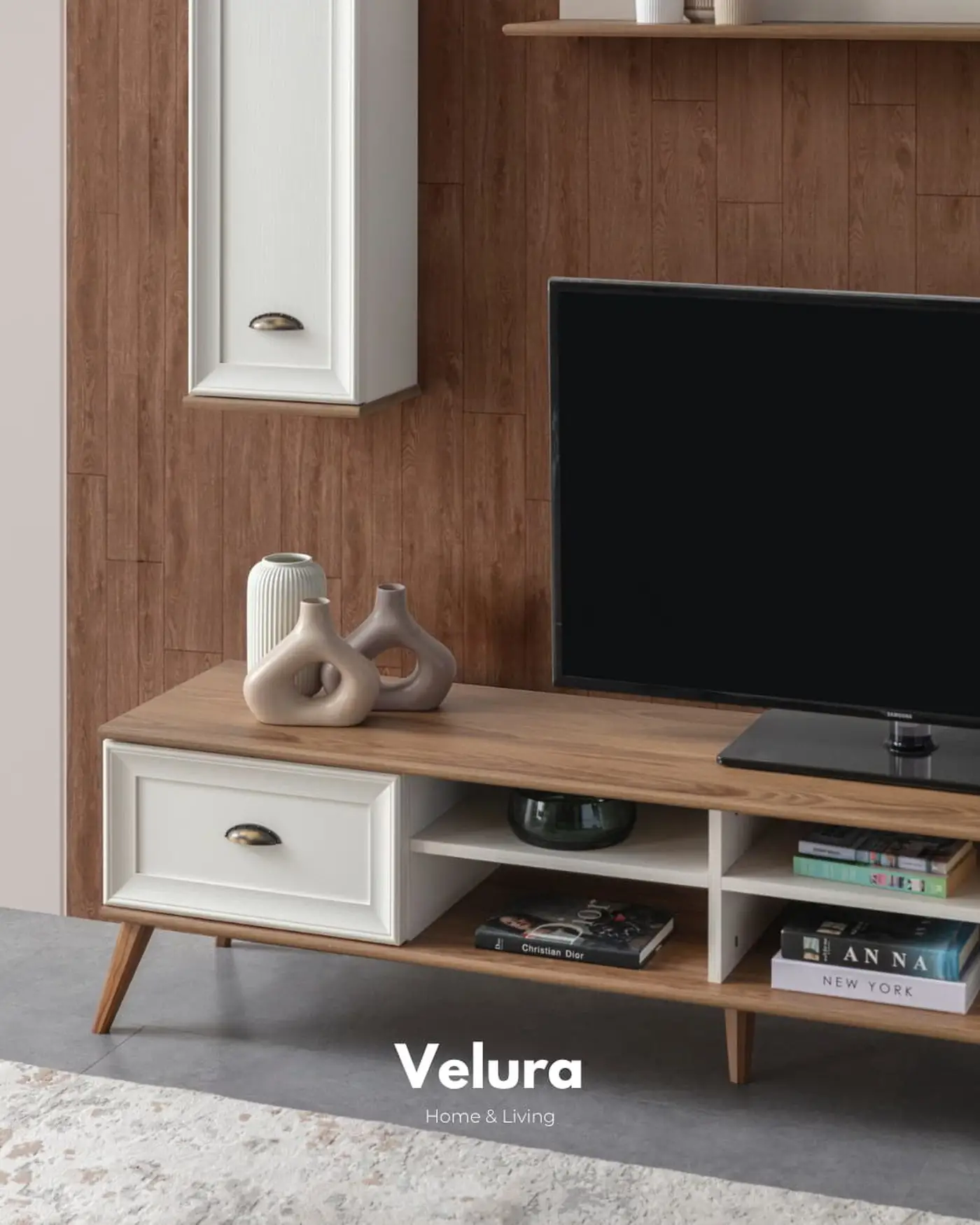 Sion TV Ünitesi – Beyaz ve ceviz kombinasyonlu, yerden yüksek modern ünite