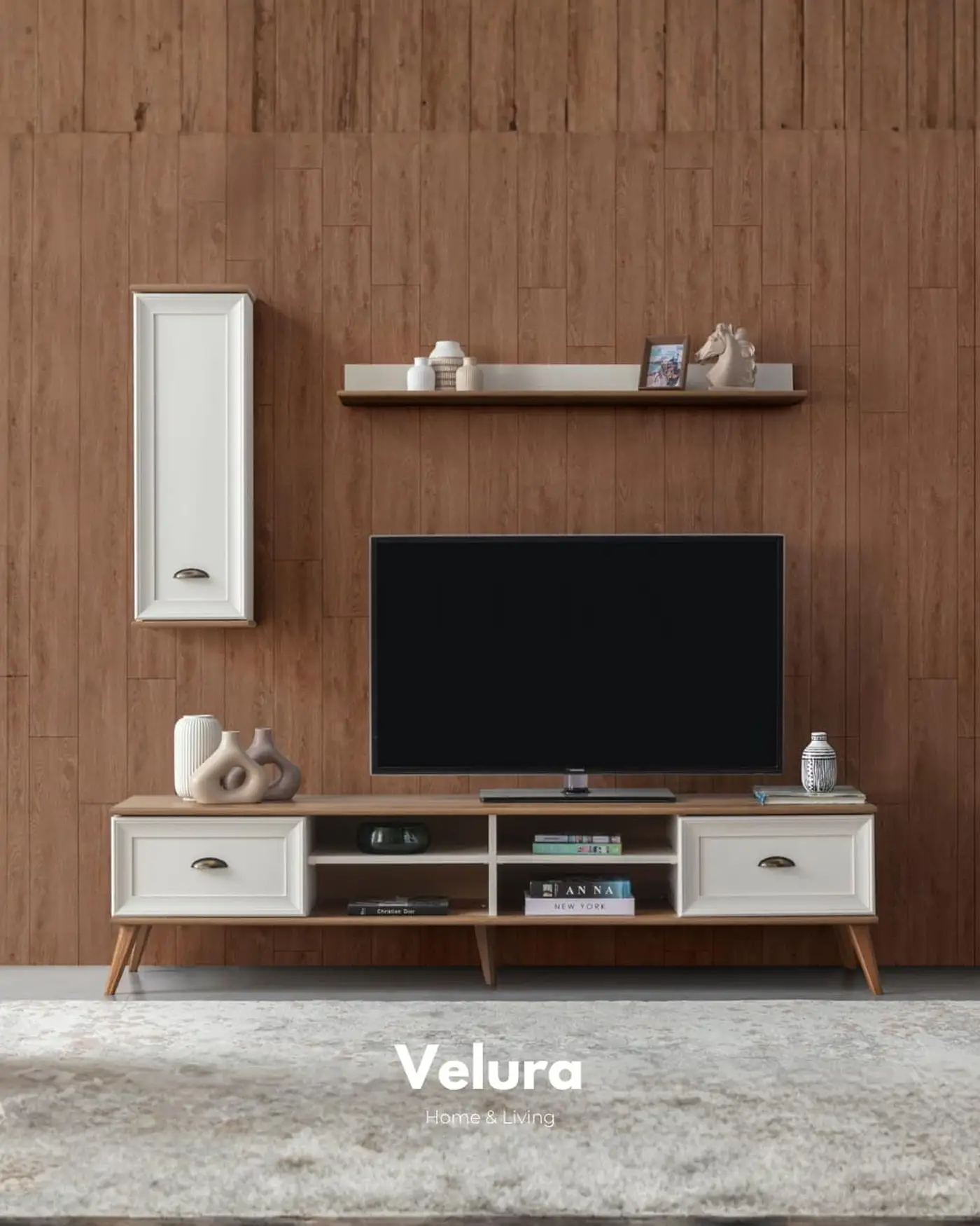Sion TV Ünitesi – Beyaz ve ceviz kombinasyonlu, yerden yüksek modern ünite