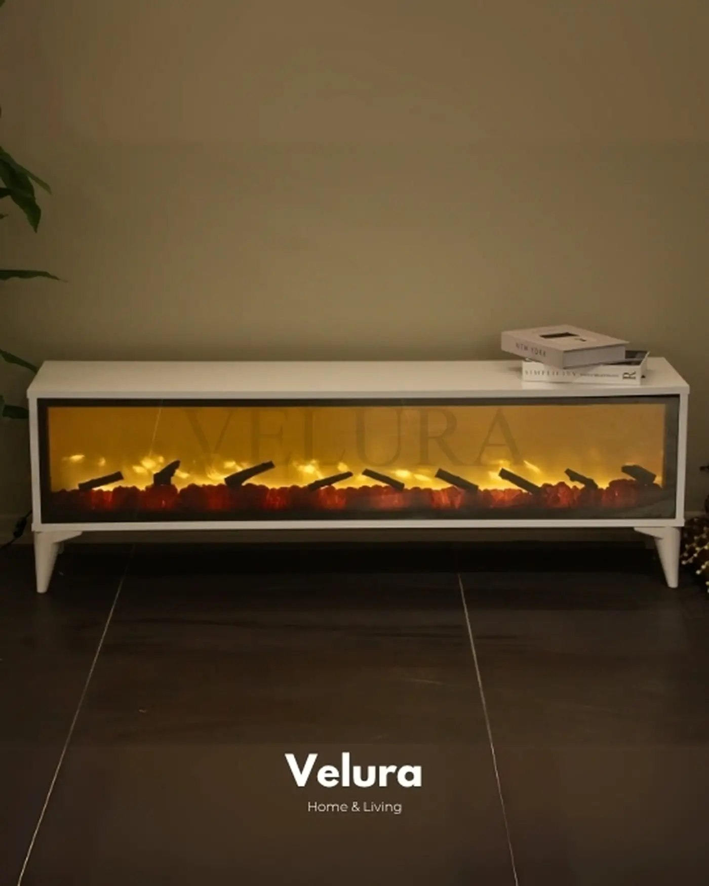 Modern Dekoratif Şömineli TV Ünitesi Velura Home Beyaz TV Ünitesi