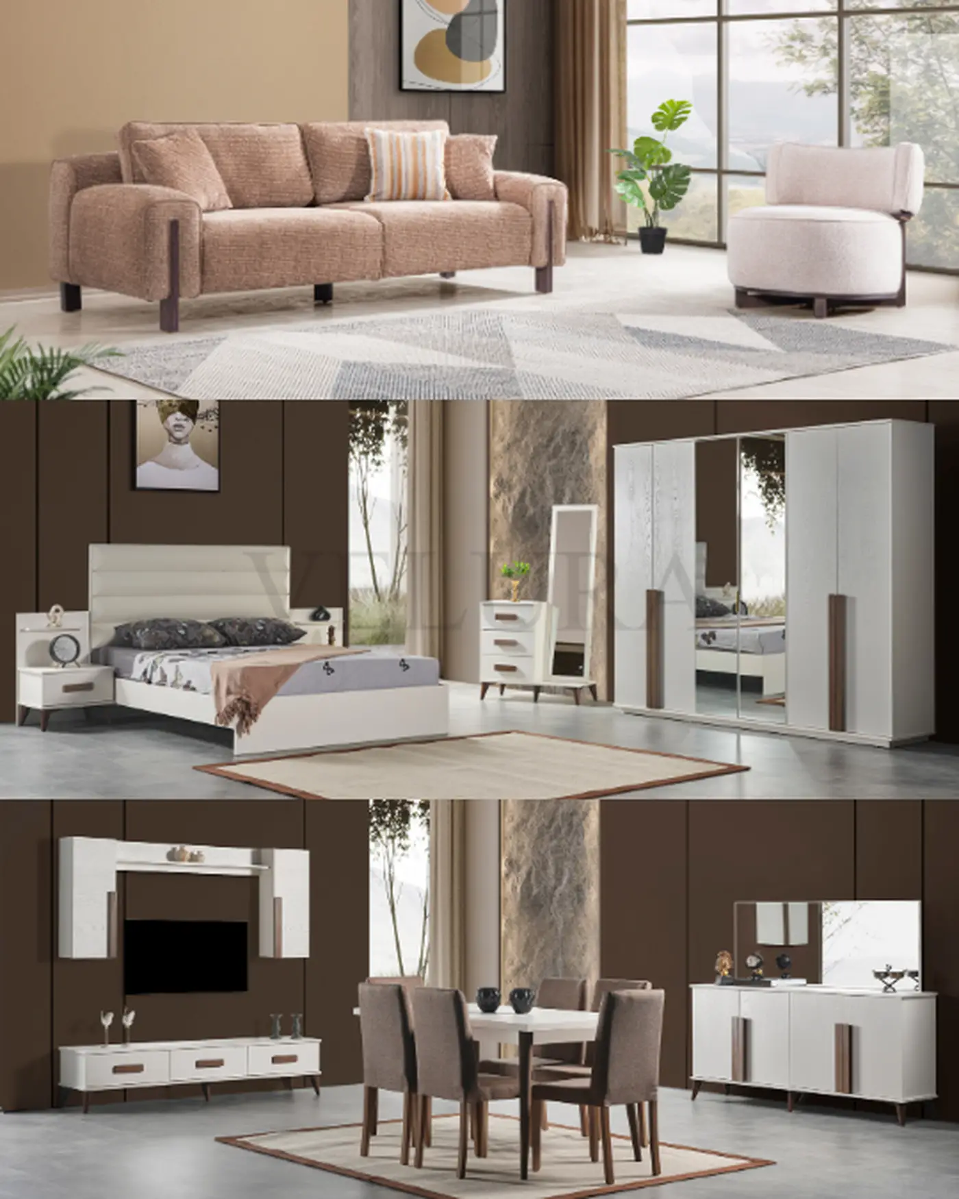 Valens Düğün Paketi | Modern Tasarımlı Bukle Kumaş Koltuk & MDF Mobilya Valens Düğün Paketi koltuk, yatak ve yemek odası mobilyaları | Velura Home