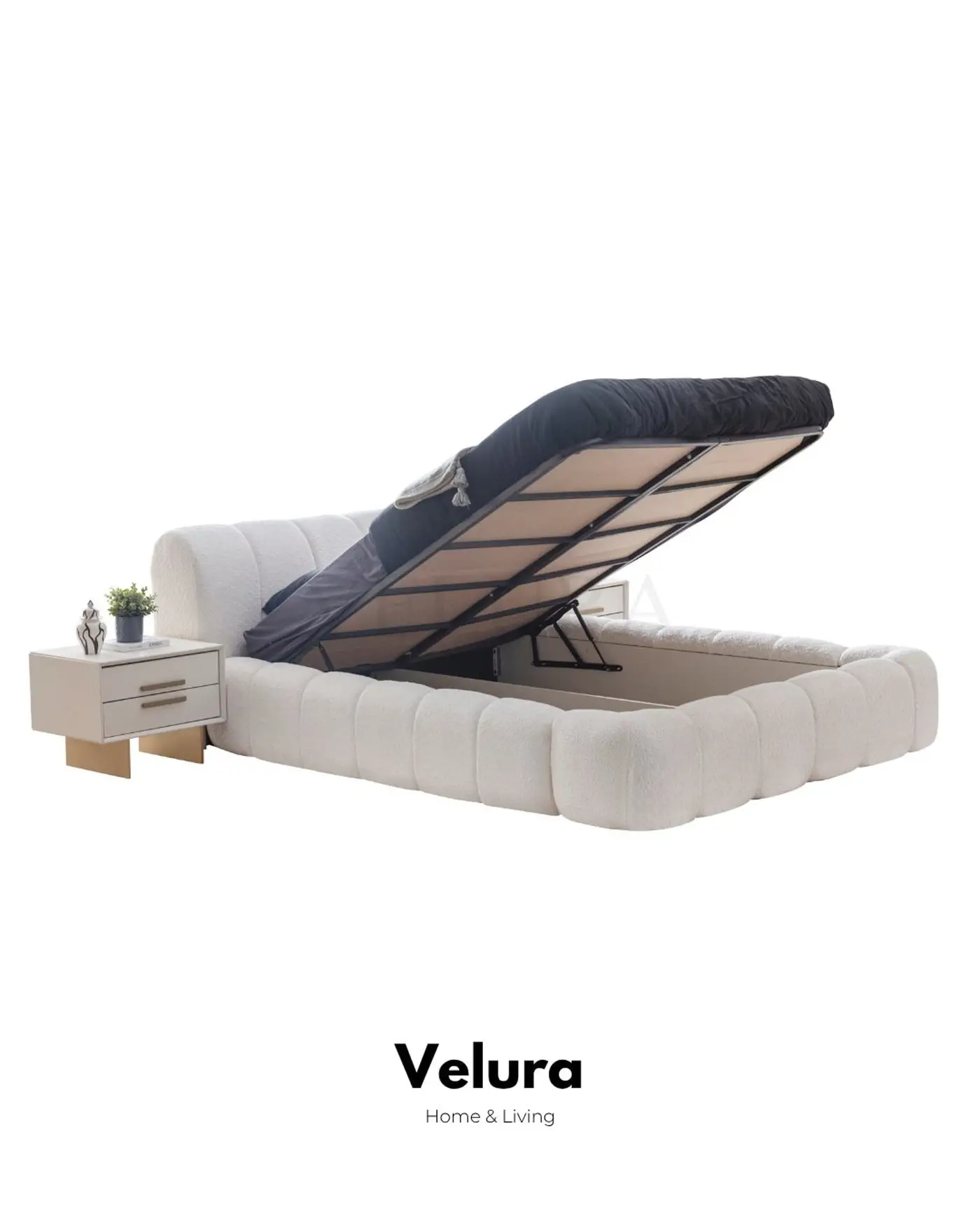 Valore Yatak Odası Takımı – Kırık beyaz × gold, bazalı karyola ve cam kapaklı gardırop