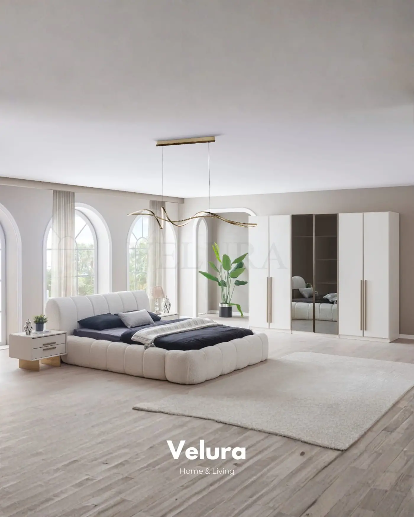 Valore Yatak Odası Takımı – Kırık beyaz × gold, bazalı karyola ve cam kapaklı gardırop