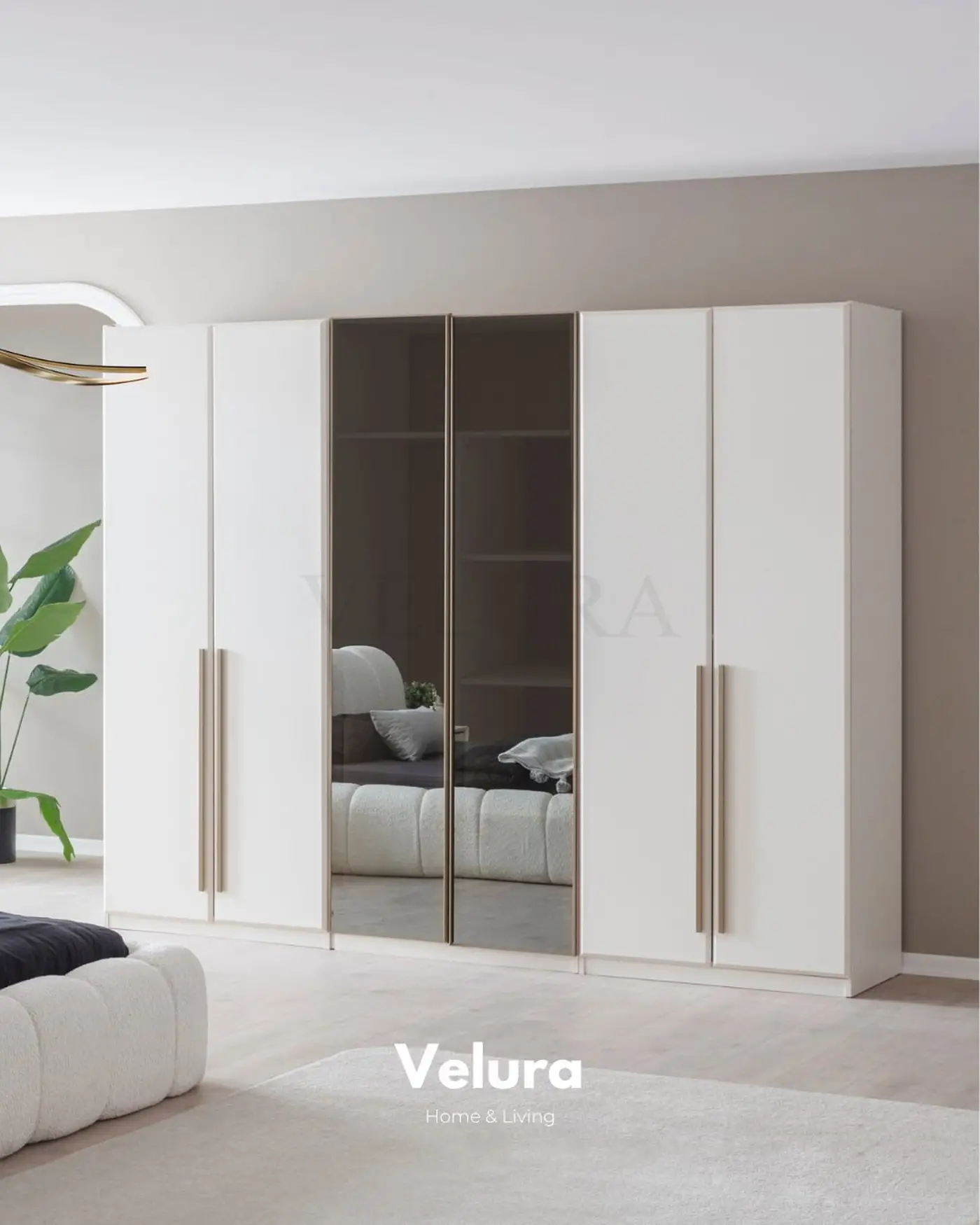 Valore 6 Kapılı Dolap – Kırık beyaz, 2 cam kapaklı
