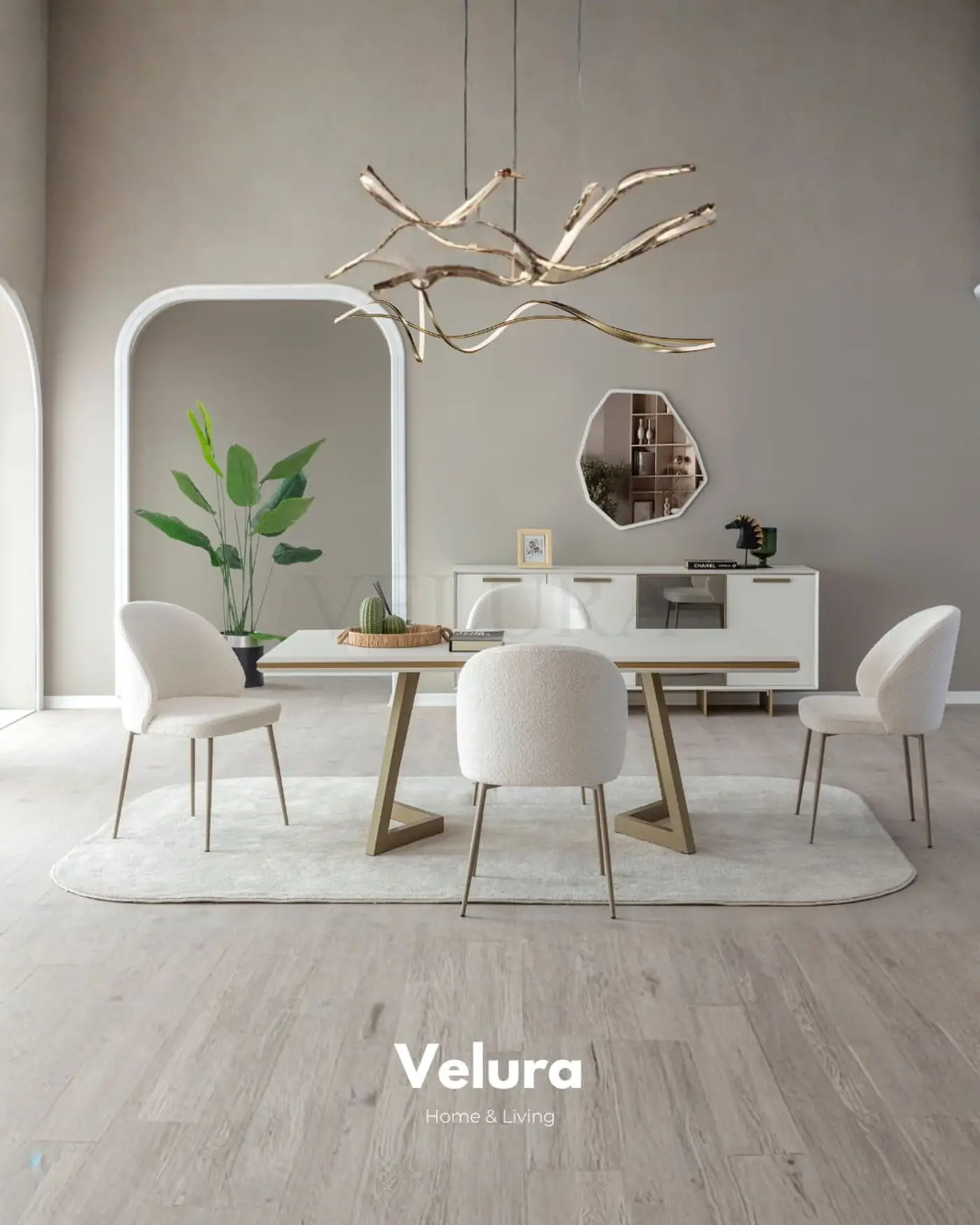 Valore Yemek Masası – Beyaz tabla ve gold ayak detaylı sabit masa