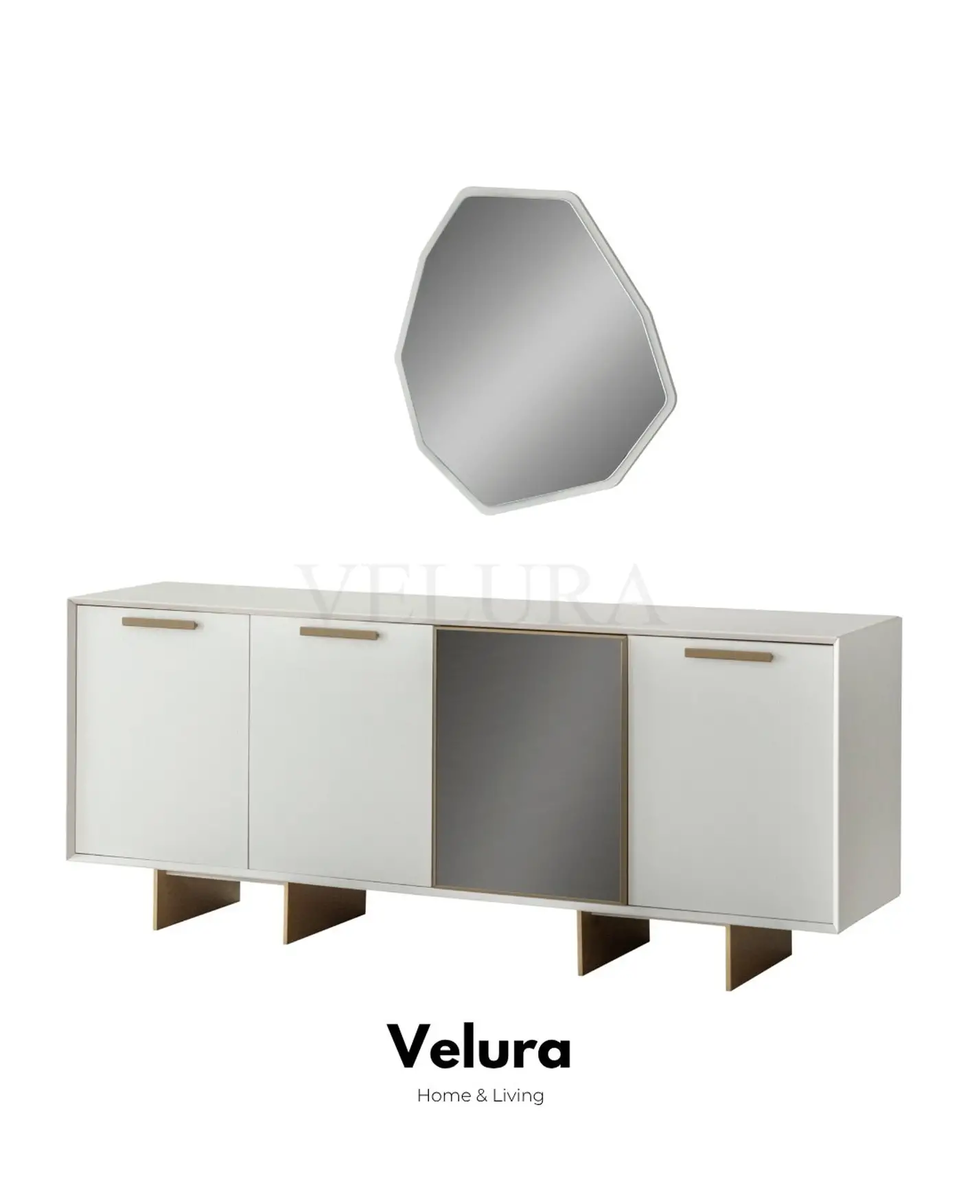 Valore Konsol – Beyaz yüzeyli, gold ayak ve kulplu modern konsol