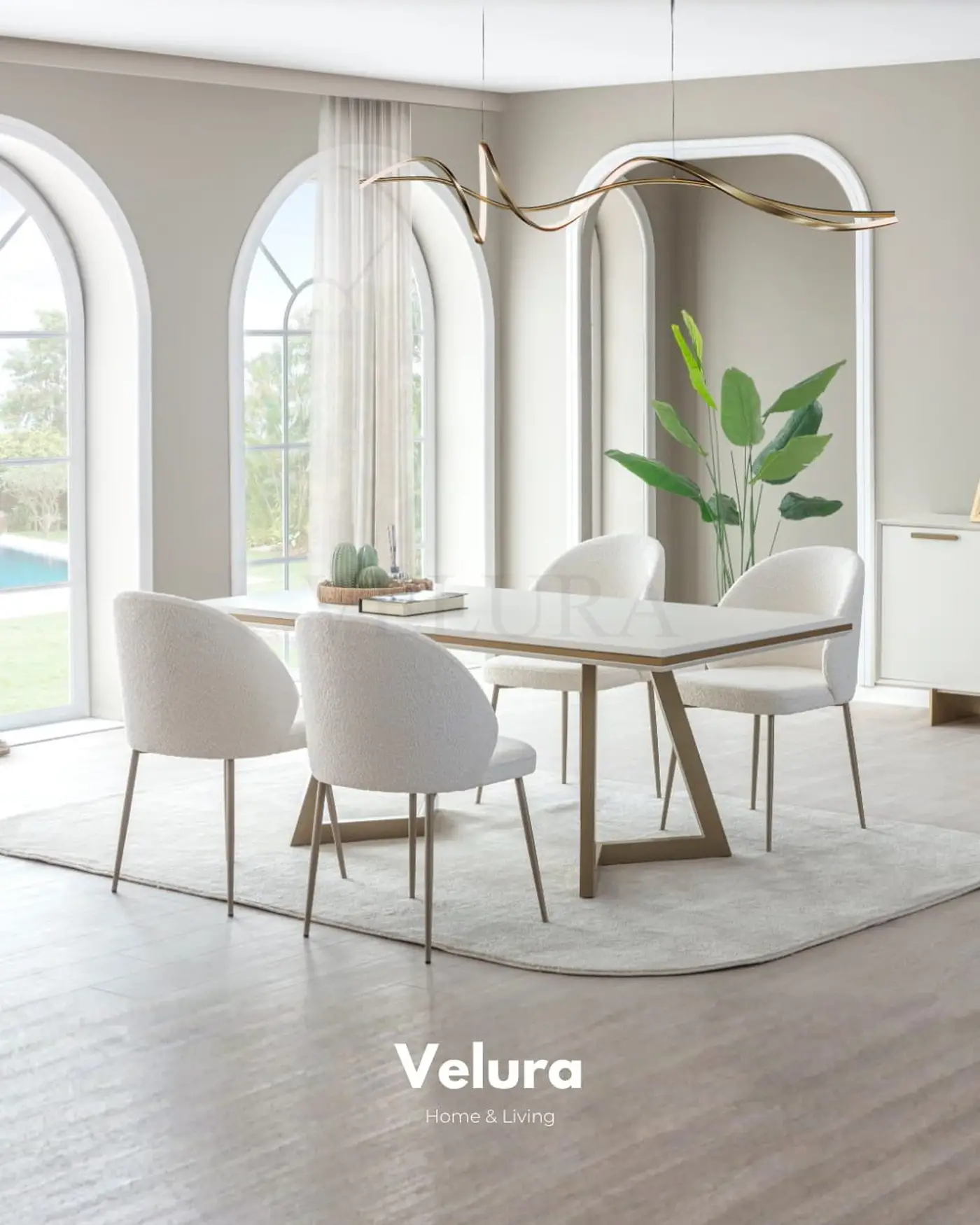 Valore Yemek Odası Takımı – Beyaz & gold masa, konsol ve kare ayna