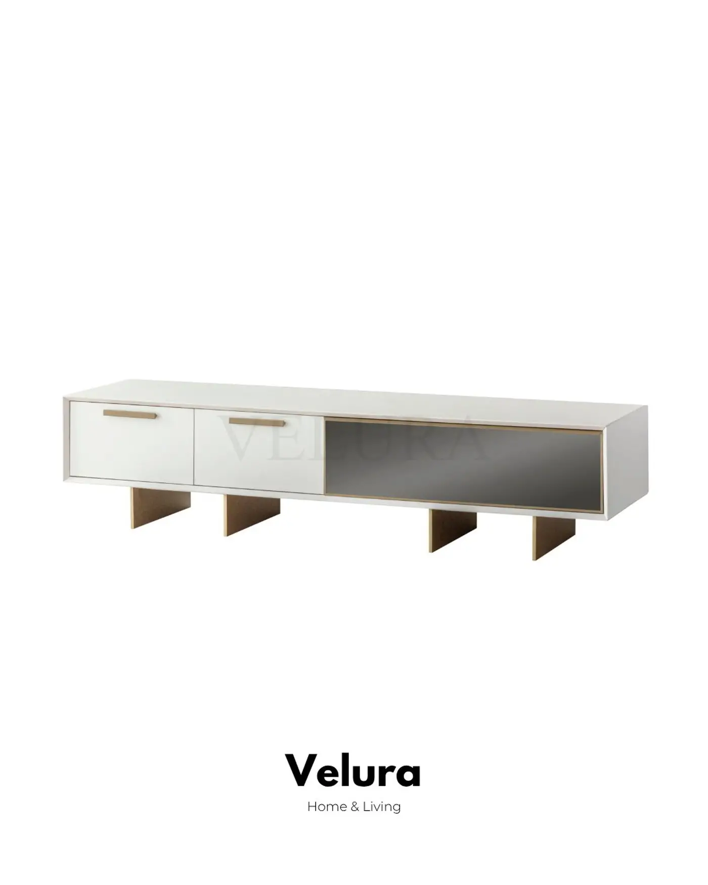Valore TV Ünitesi – Beyaz yüzeyli, gold detaylı, cam kapaklı modern ünite