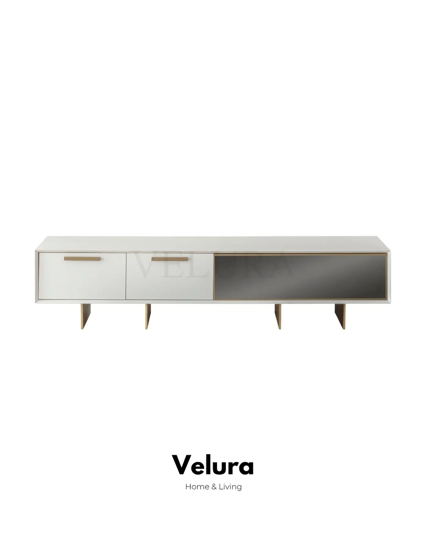 Valore TV Ünitesi – Beyaz yüzeyli, gold detaylı, cam kapaklı modern ünite