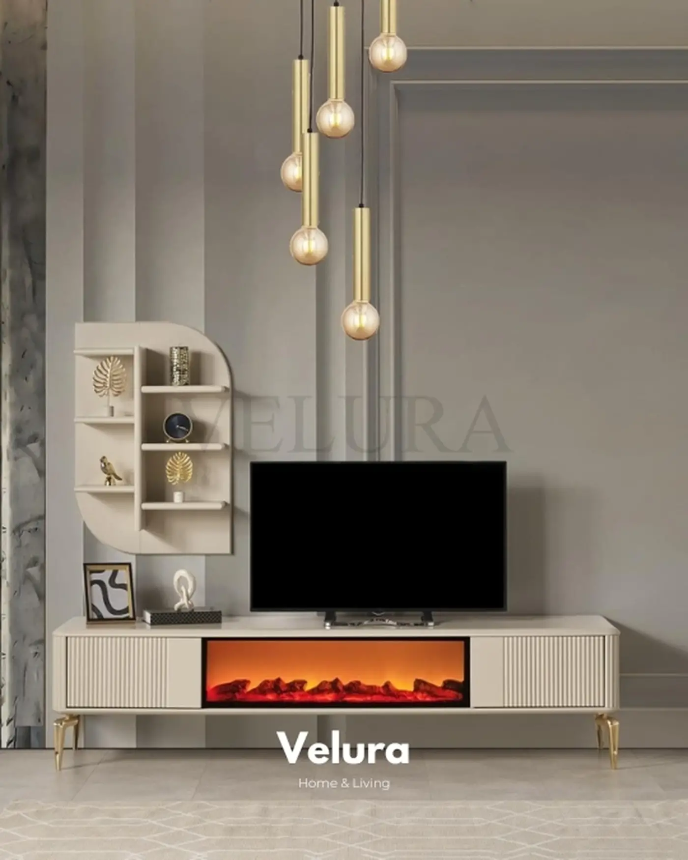 Yerden Yüksek Lüks TV Ünitesi Venti Gold TV Ünitesi - Şömineli ve Gold Detaylı