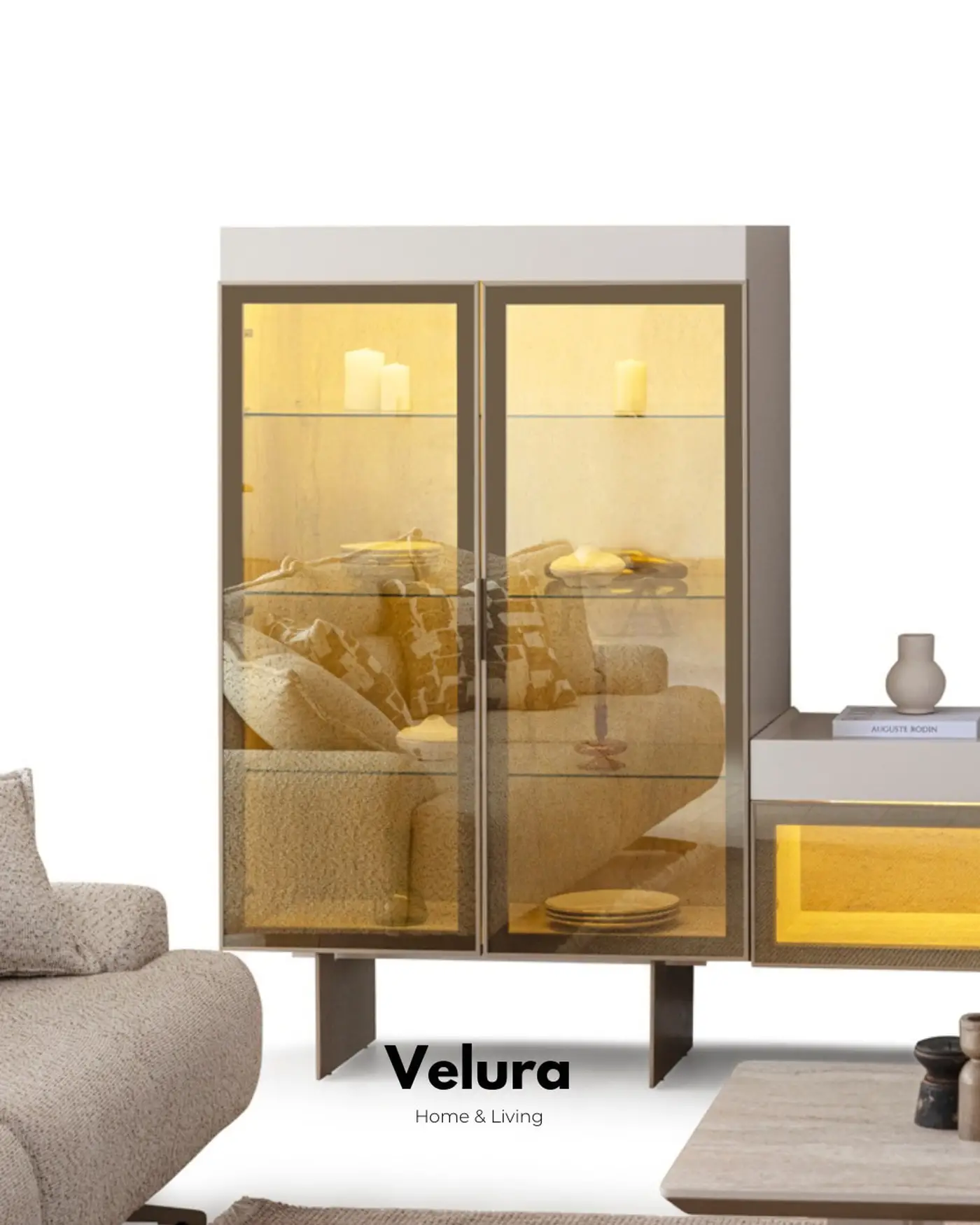 Verona Vitrin traverten desenli cam raflı LED aydınlatmalı vitrin modeli