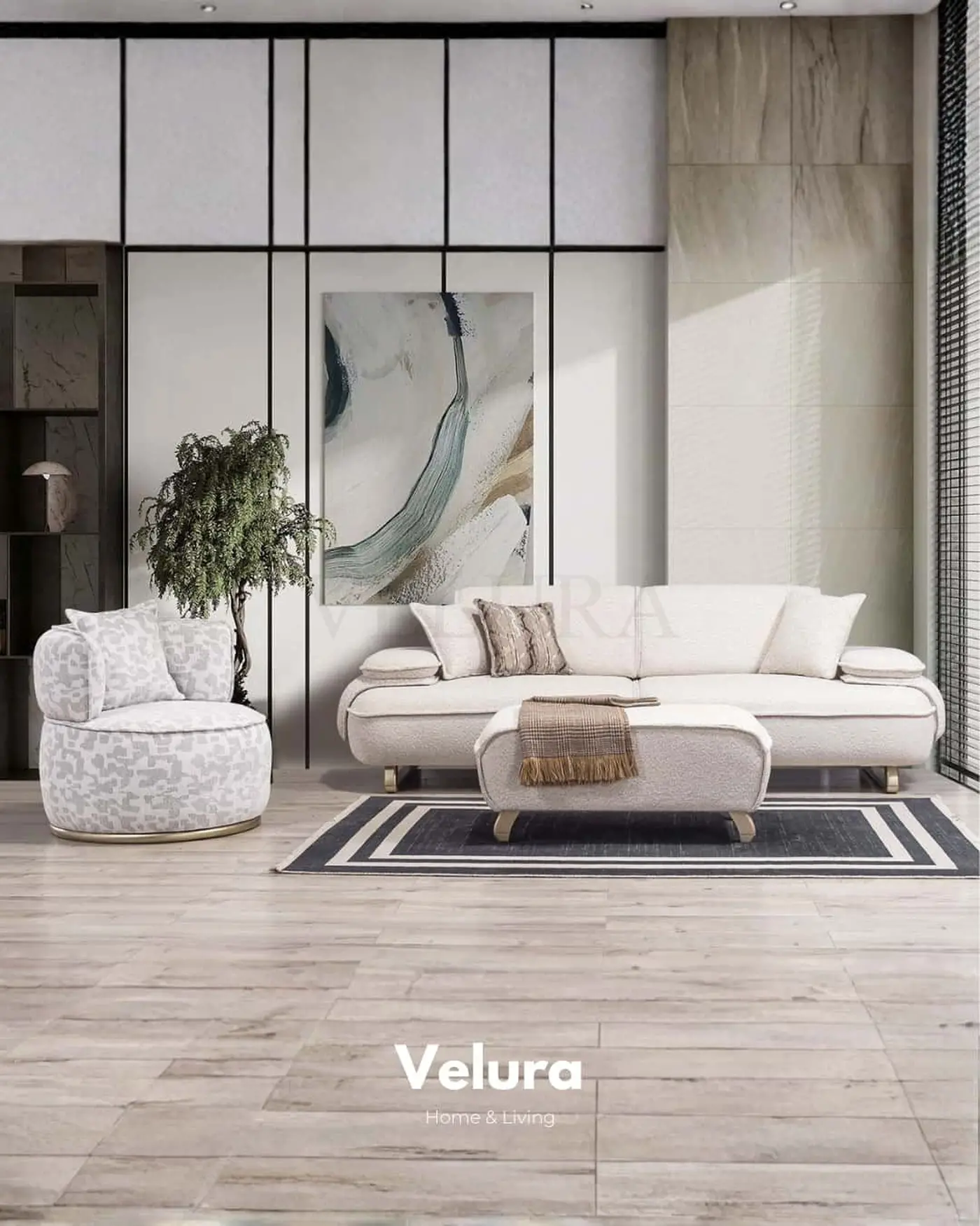 Krem renk Vista koltuk takımı, mat gold detaylı kanepe ve berjer