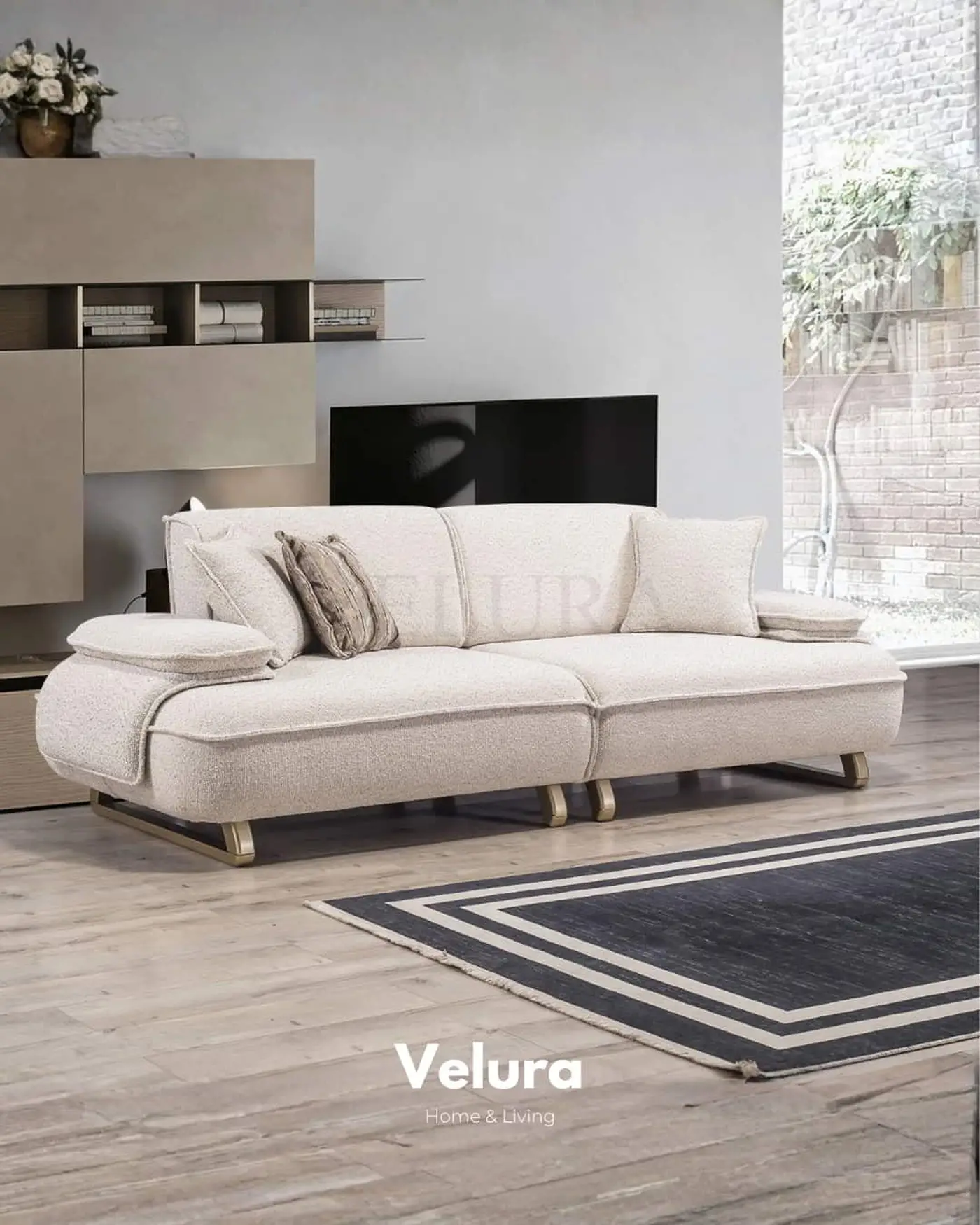 Krem renk Vista koltuk takımı, mat gold detaylı kanepe ve berjer