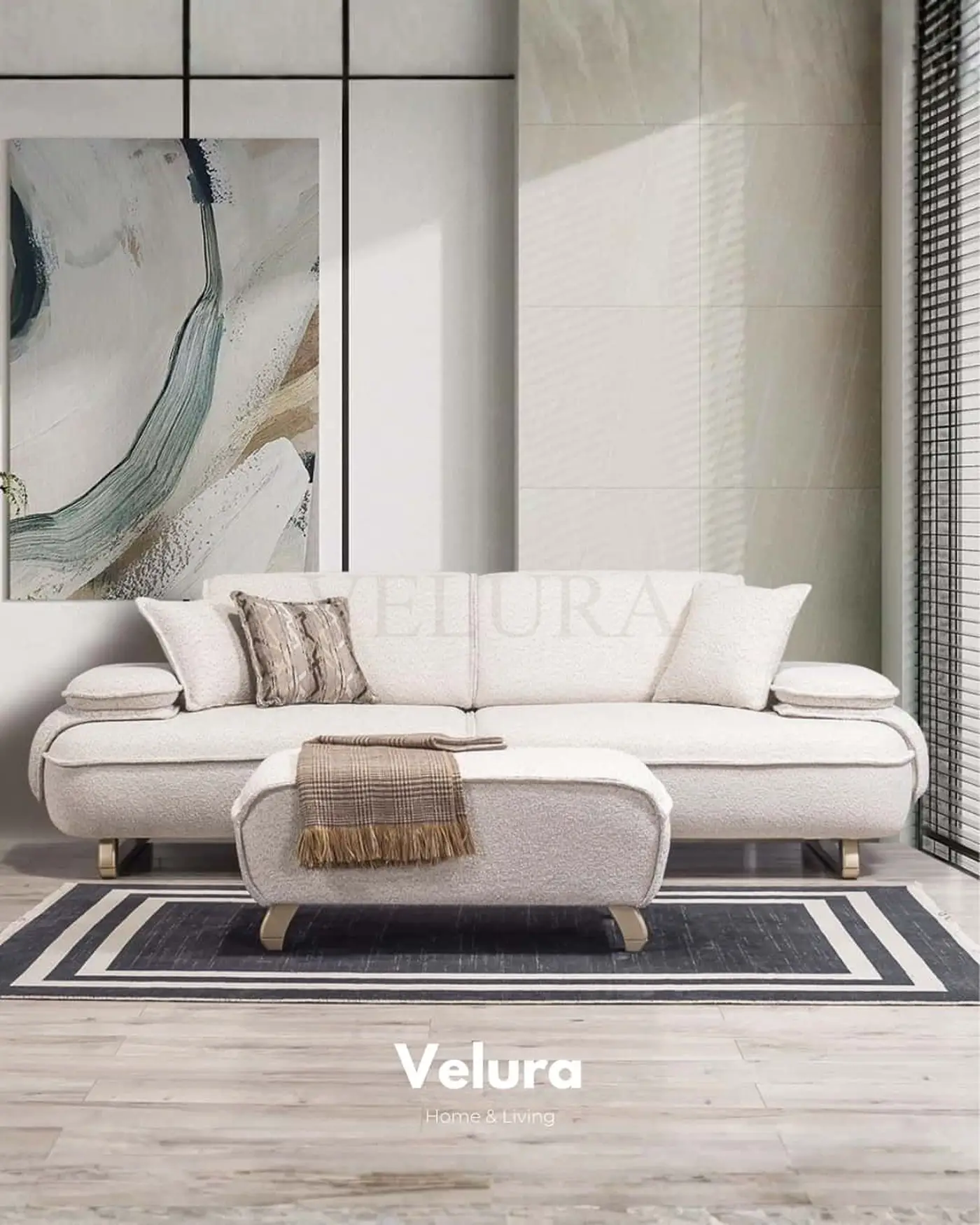 Krem renk Vista koltuk takımı, mat gold detaylı kanepe ve berjer