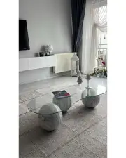 Küre Orta Sehpa - Beyaz Traverten Mermer - Fasulye - Şeffaf Cam