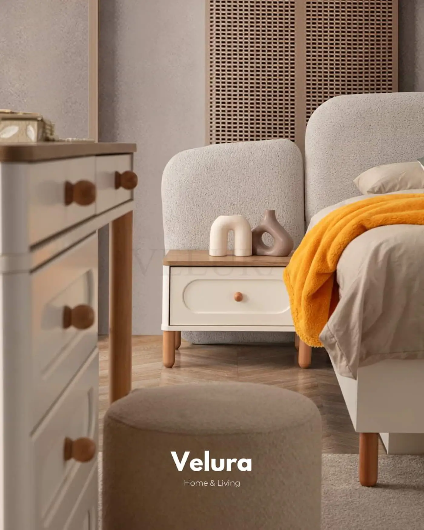 Zen Komodin – Krem & ceviz, tek çekmeceli ve yerden yüksek ahşap ayaklı