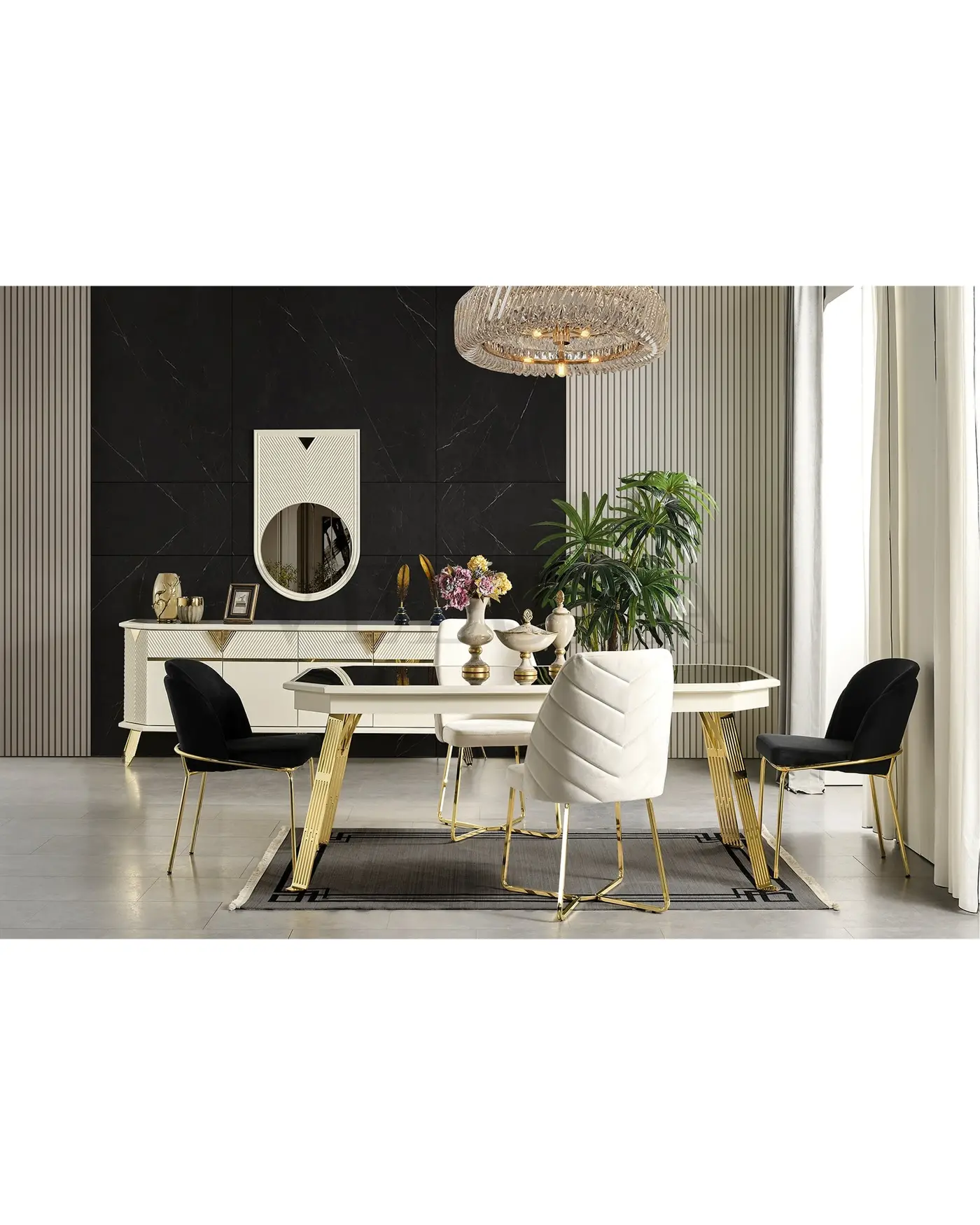City Yemek Masası Gold Ayak Füme Cam Füme Cam Yüzeyli Modern Yemek Masası