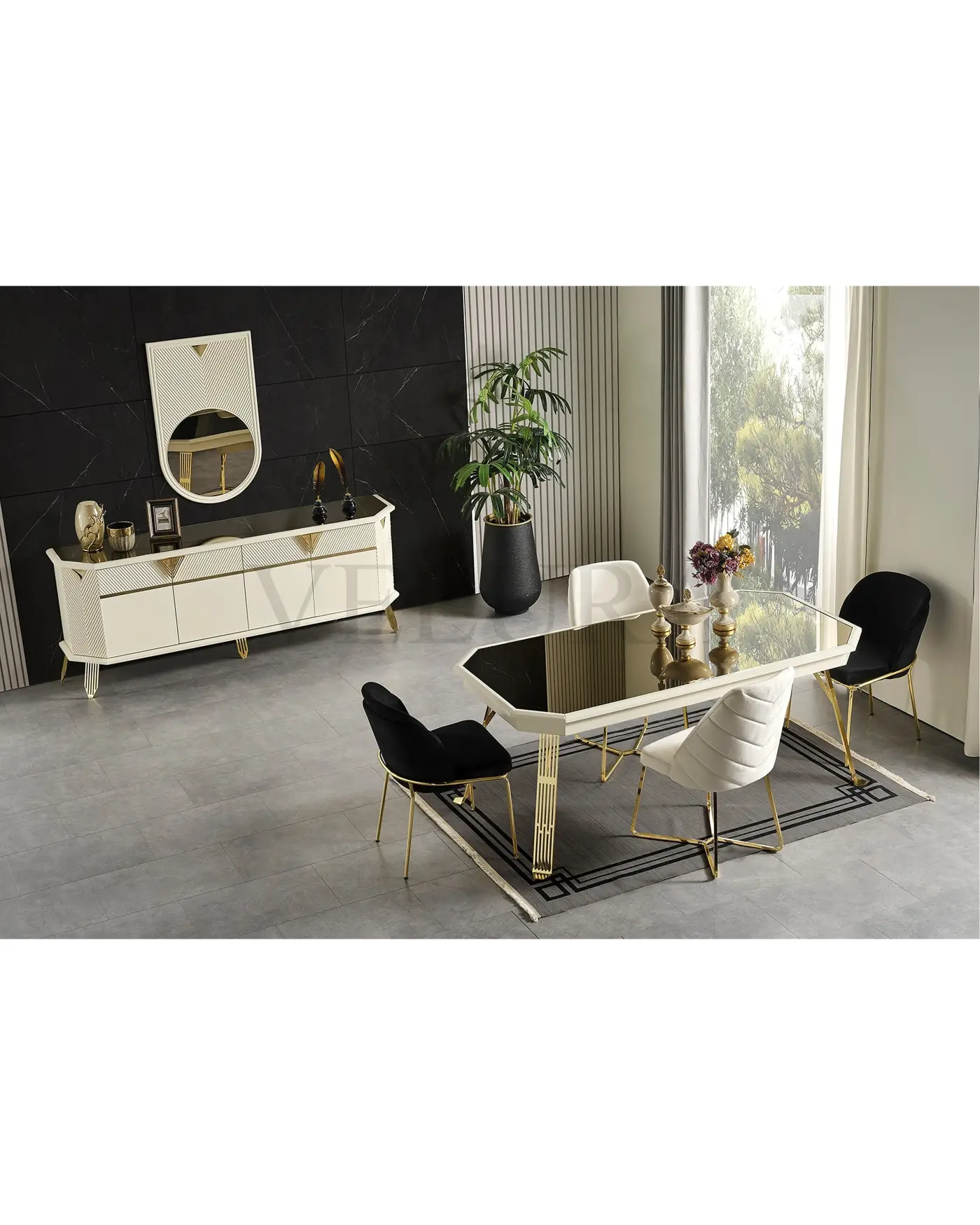 City Yemek Masası Gold Ayak Füme Cam Füme Cam Yüzeyli Modern Yemek Masası