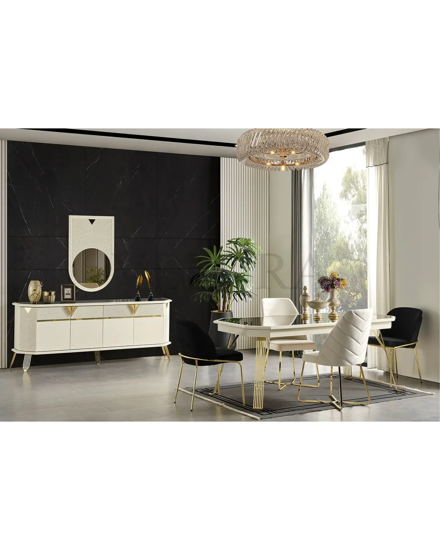 City Yemek Masası Gold Ayak Füme Cam Füme Cam Yüzeyli Modern Yemek Masası