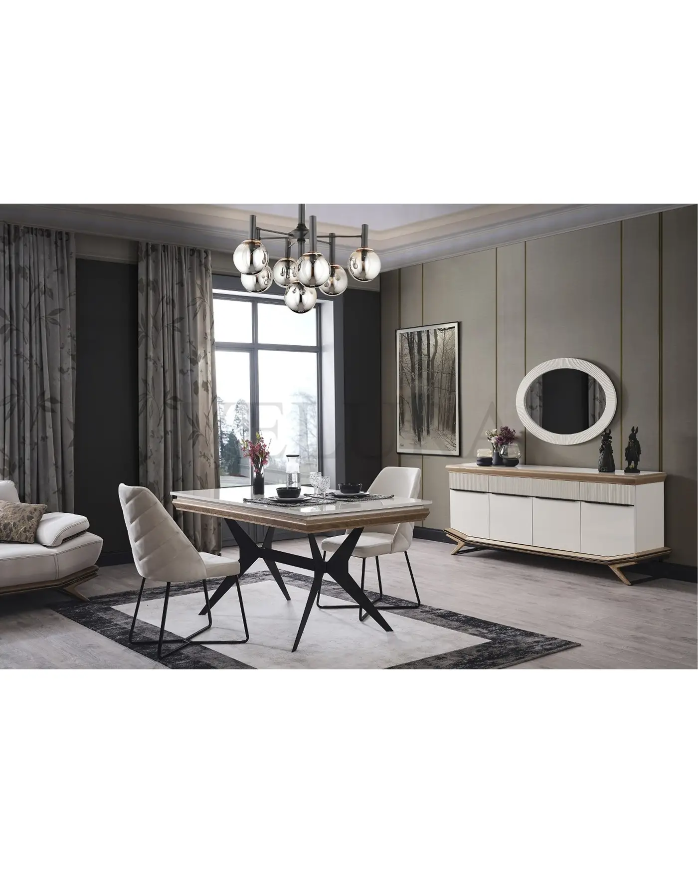 Elize Yemek Takımı - Modern Krem ve Ahşap Detaylı Elize yemek takımı krem ahşap detaylı