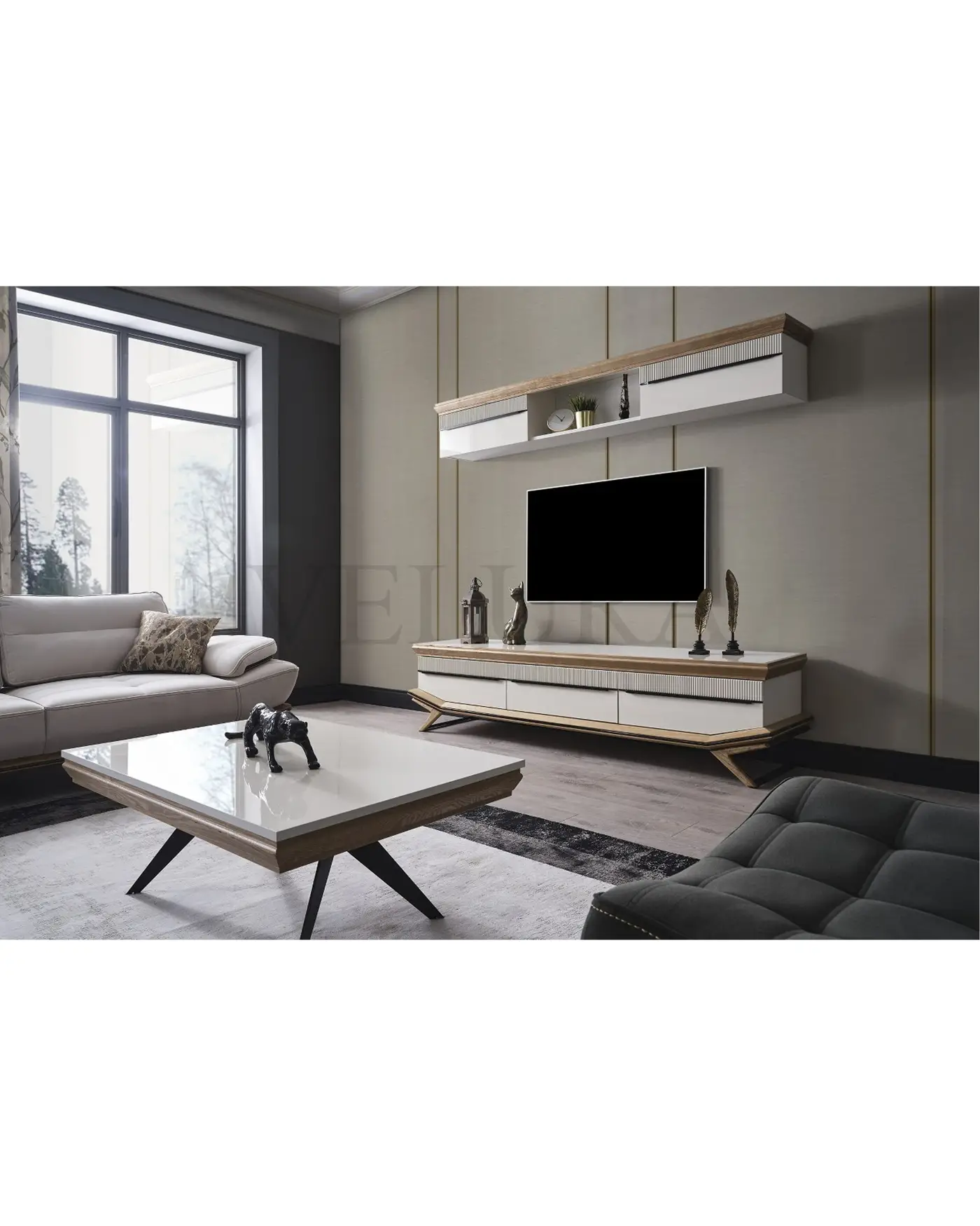 Elize Yemek Takımı - Modern Krem ve Ahşap Detaylı Elize yemek takımı krem ahşap detaylı