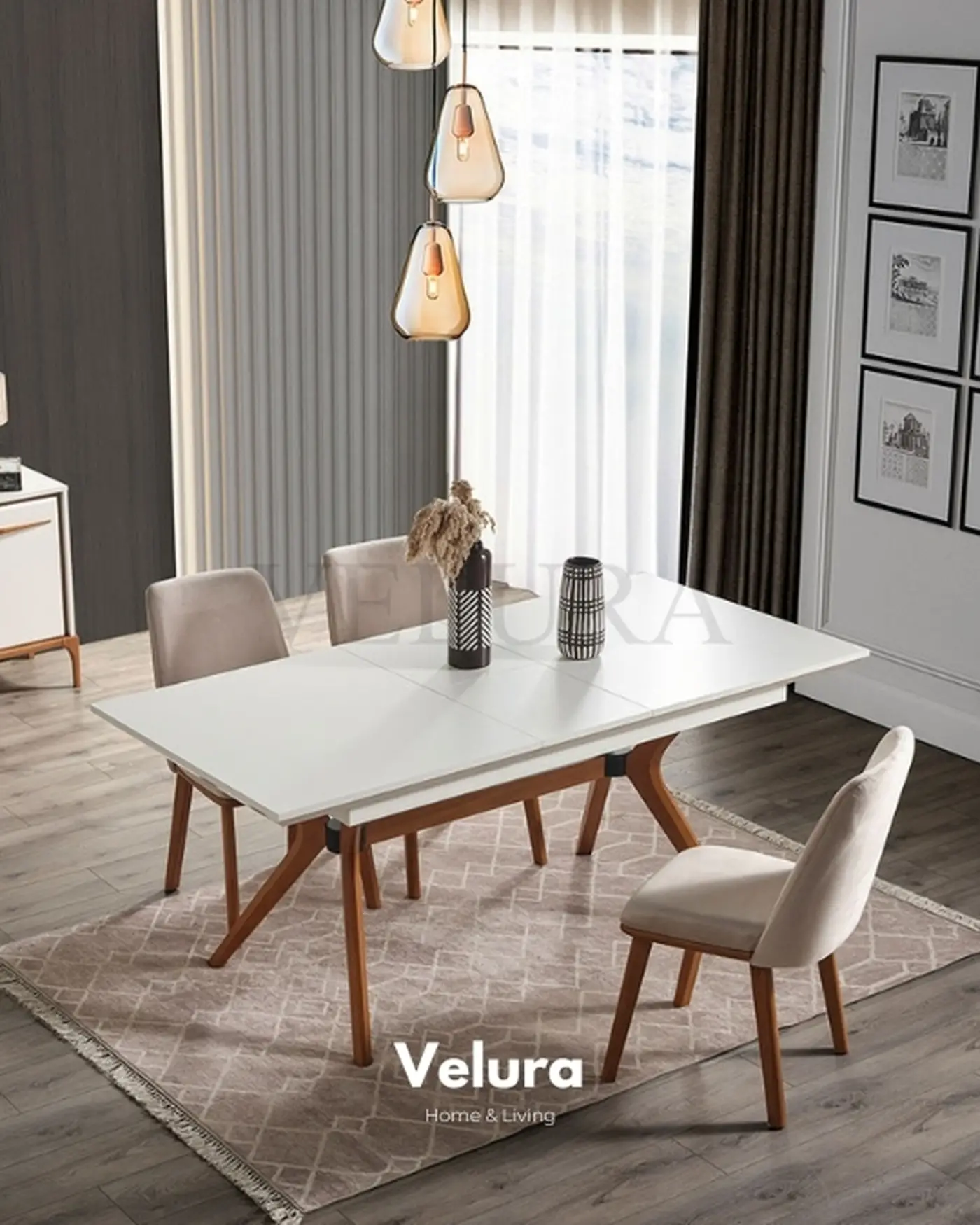 Firu Yemek Masası krem ve ceviz detaylı