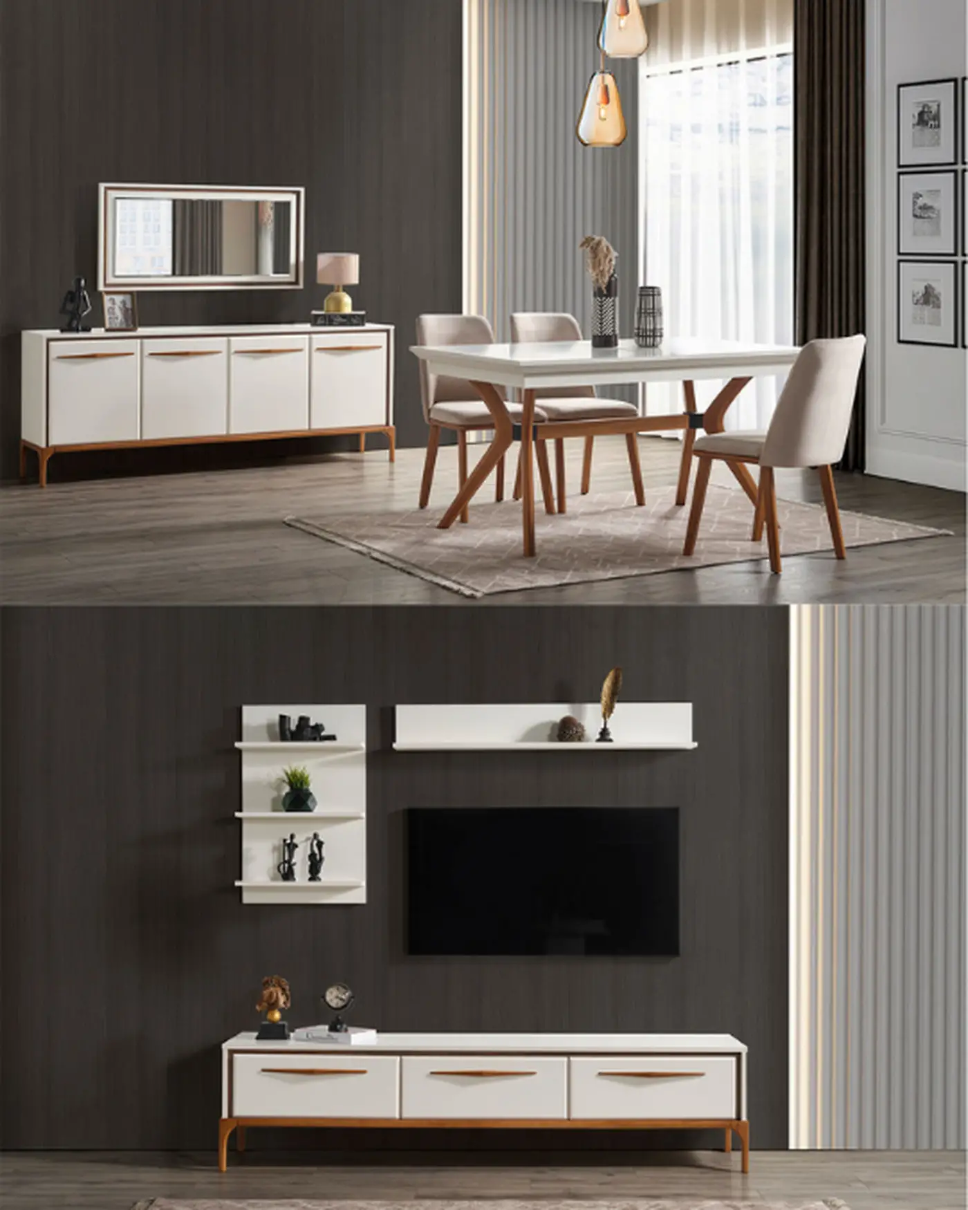 Firu Yemek Takımı - Modern Krem ve Ceviz Tasarım Firu Yemek Takımı krem renk ceviz detaylı modern tasarım