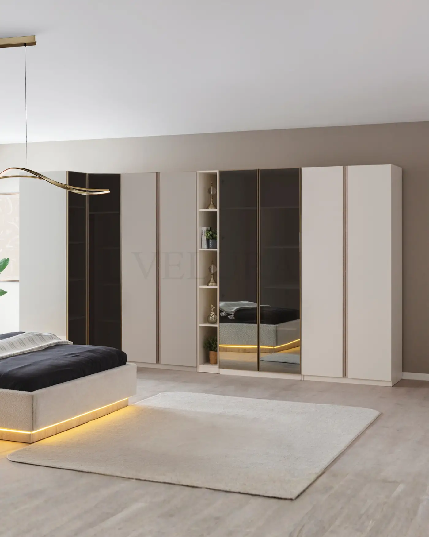 Flora Köşe Dolap – 8 Kapak Flora 8 Kapaklı Köşe Dolap – Beyaz gövde, traverten detaylı L-plan