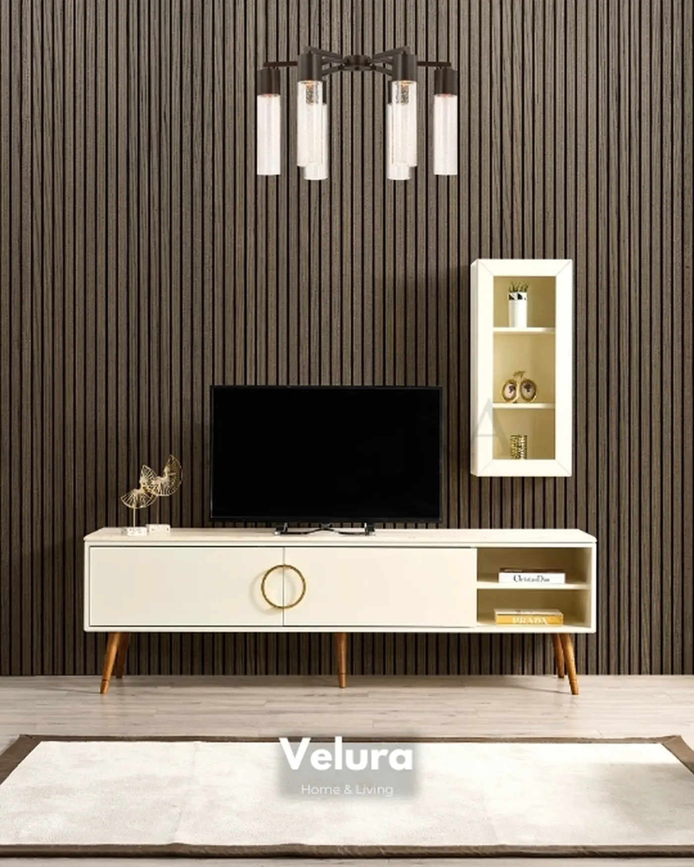 Hür Tv Ünitesi - Velura Home Hür Tv Ünitesi - Krem ve Gold Detaylı
