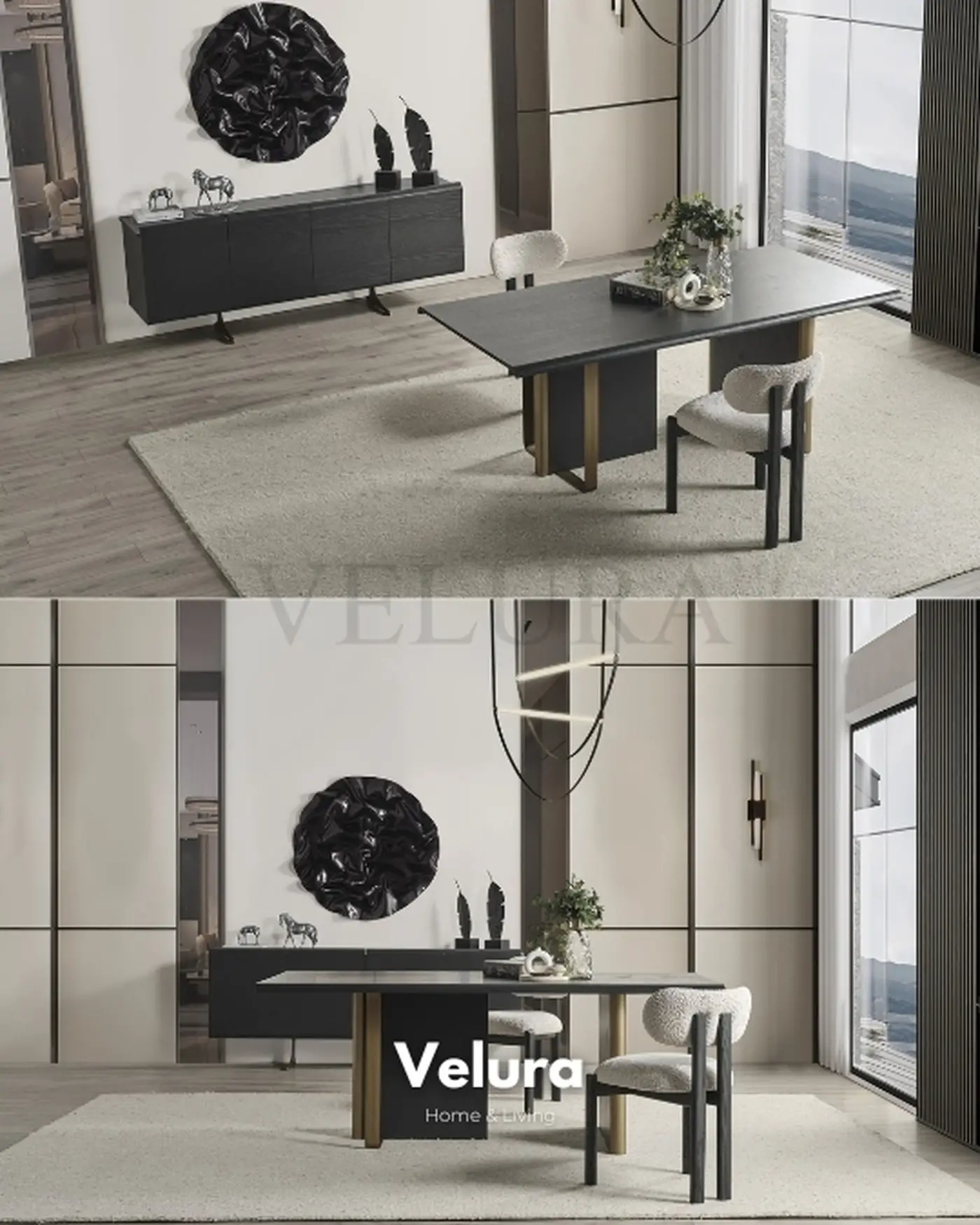 Alaca Yemek Masası – Antrasit tonlarında, metal ayaklı, ahşap masa modeli