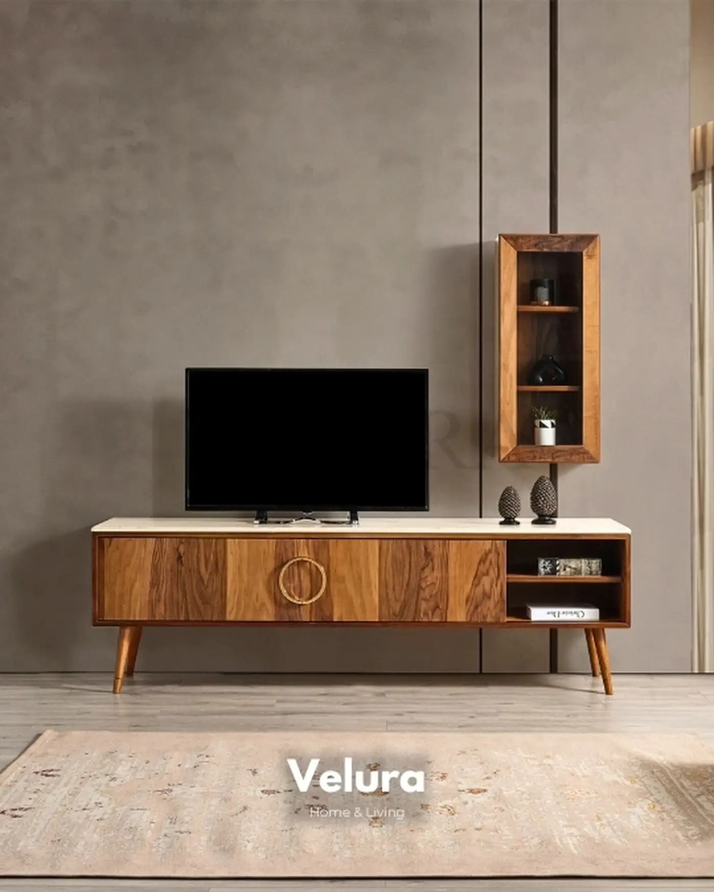 Luna TV Ünitesi – Ceviz ve Traverten Luna TV ünitesi ceviz traverten desen