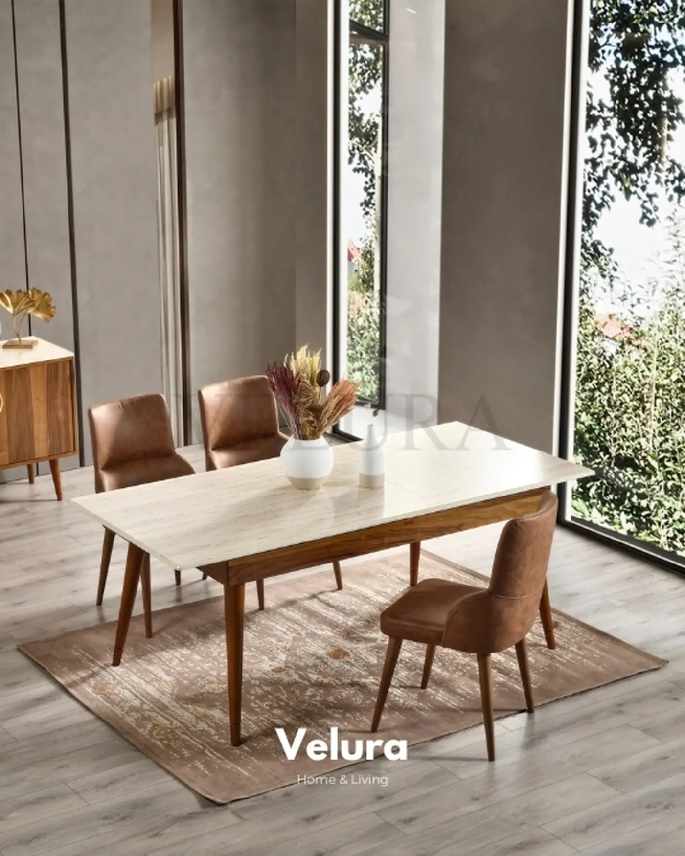 Luna Yemek Masası – Traverten Desenli Açılabilir modern yemek masası