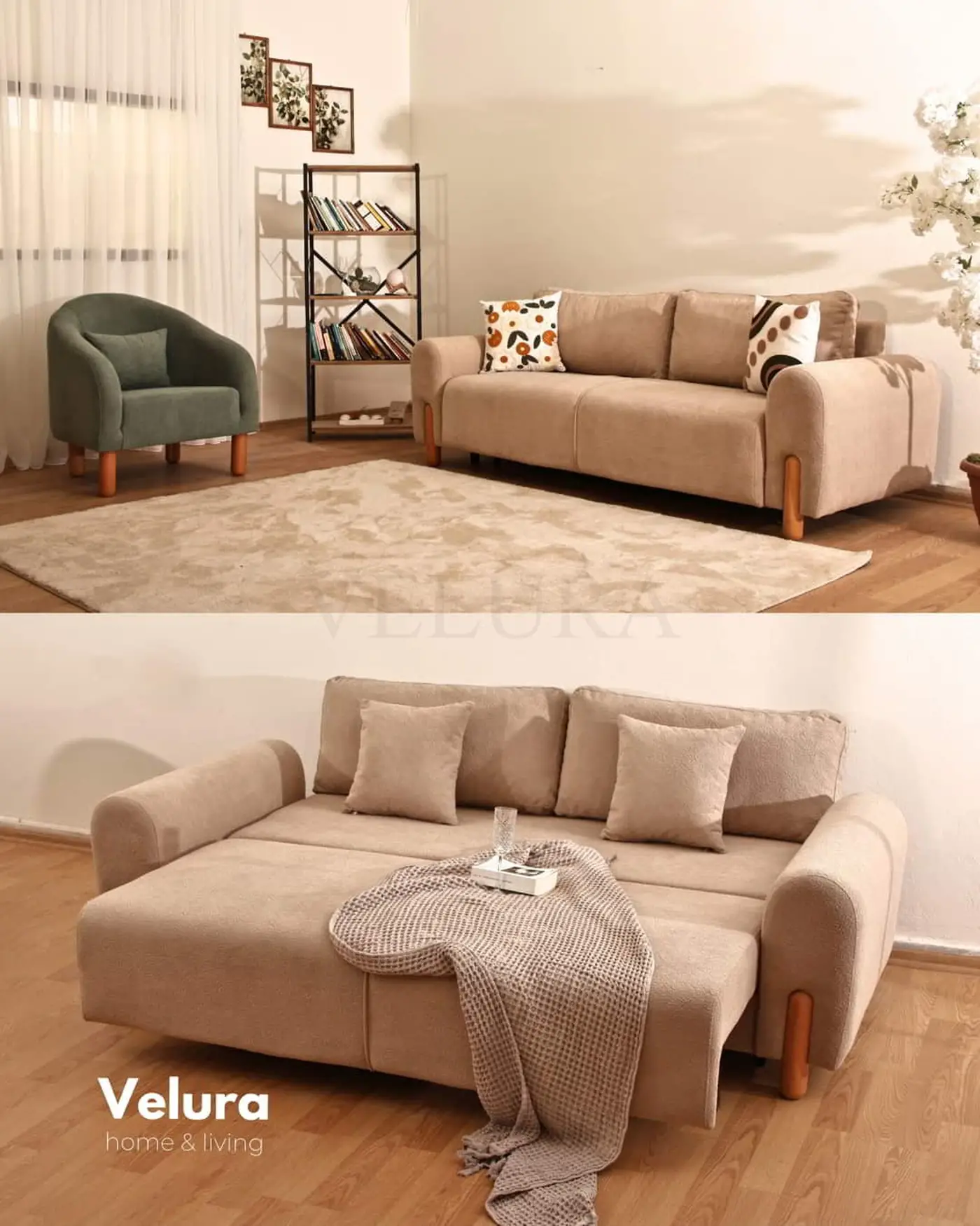 Mora Koltuk Takımı – bohem stil, ceviz ayaklı, coco kumaş, yataklı