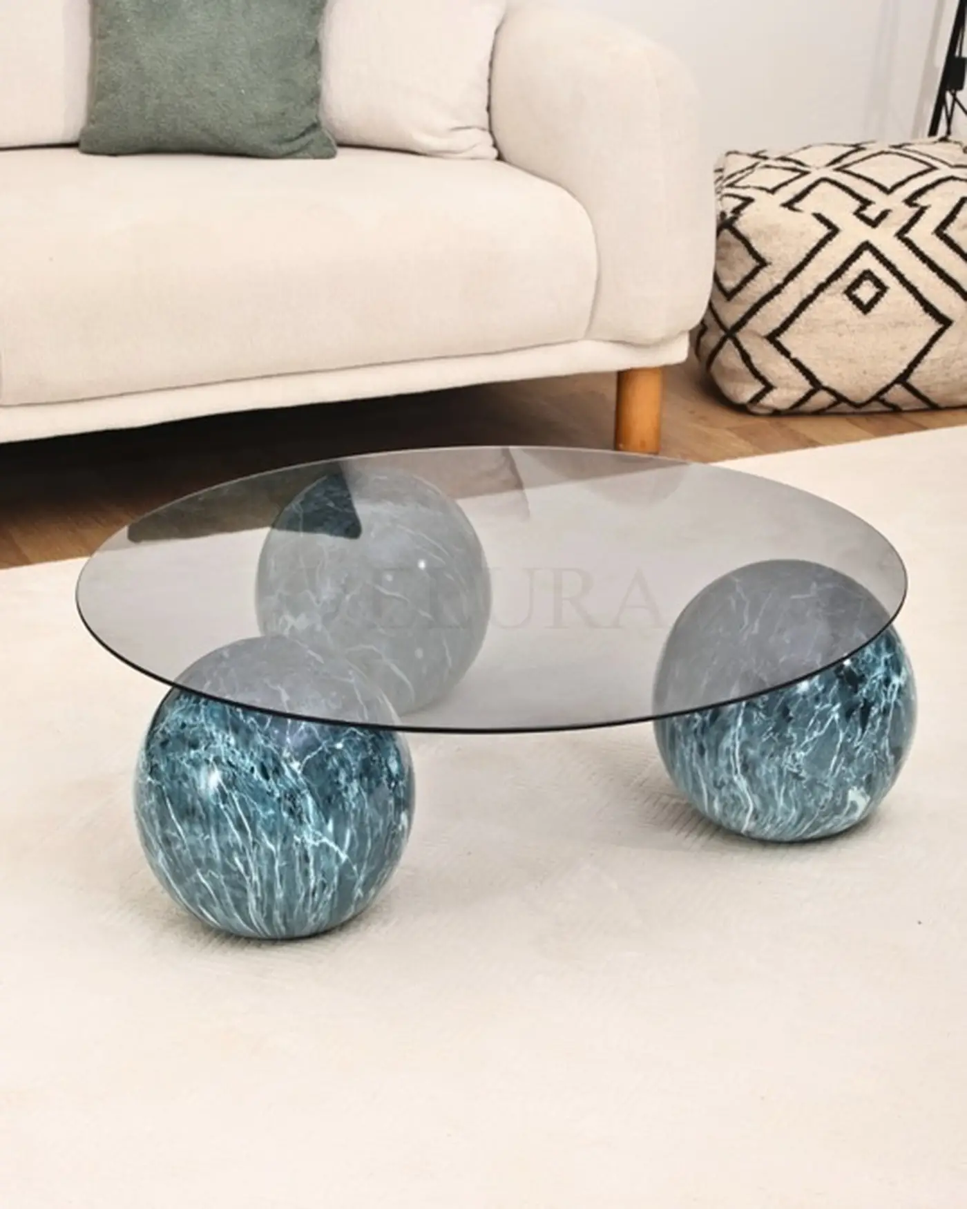 velura home ocean yuvarlak küre orta sehpa füme cam
