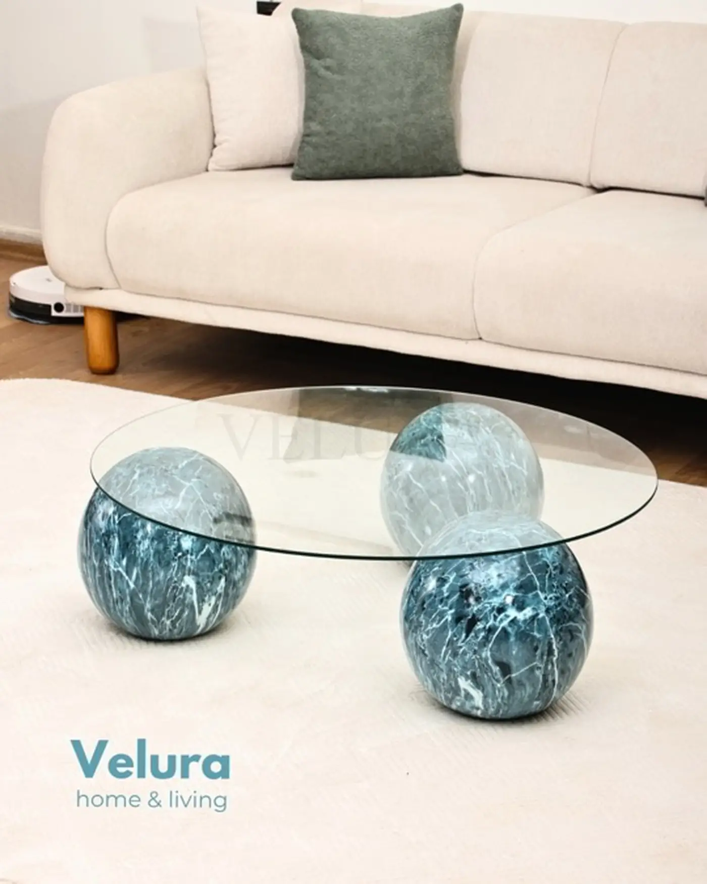 şeffaf cam tabla ocean desenli yuvarlak sehpa