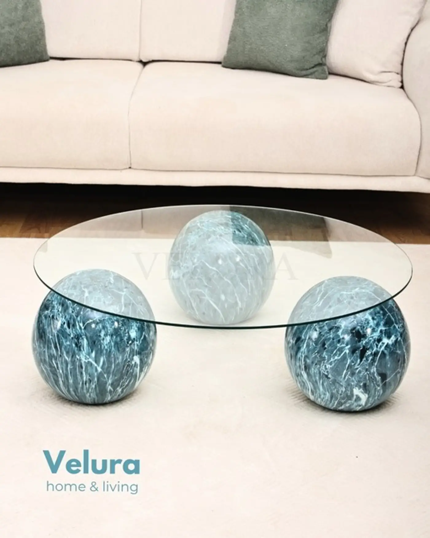 şeffaf cam tabla ocean desenli yuvarlak sehpa