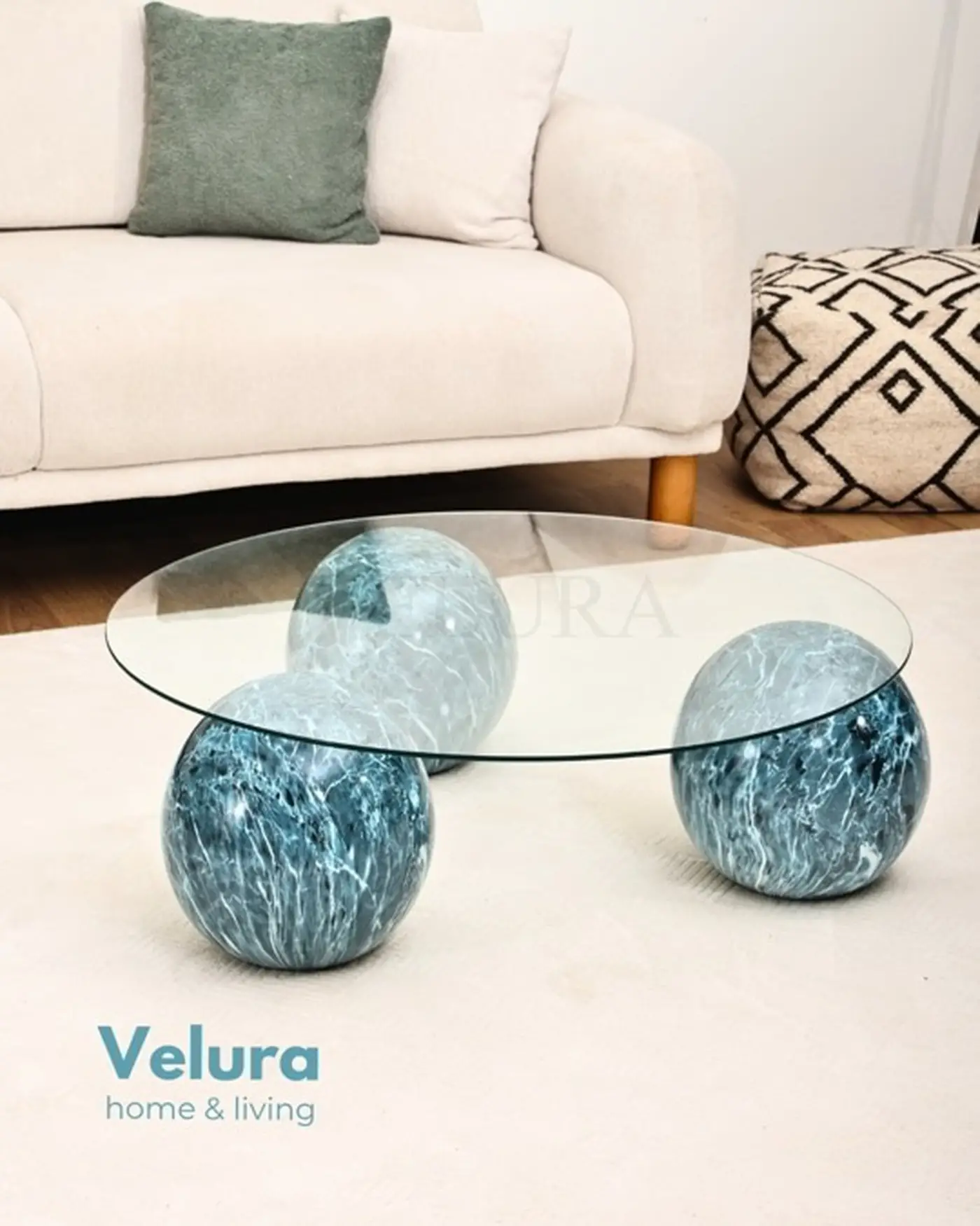 şeffaf cam tabla ocean desenli yuvarlak sehpa