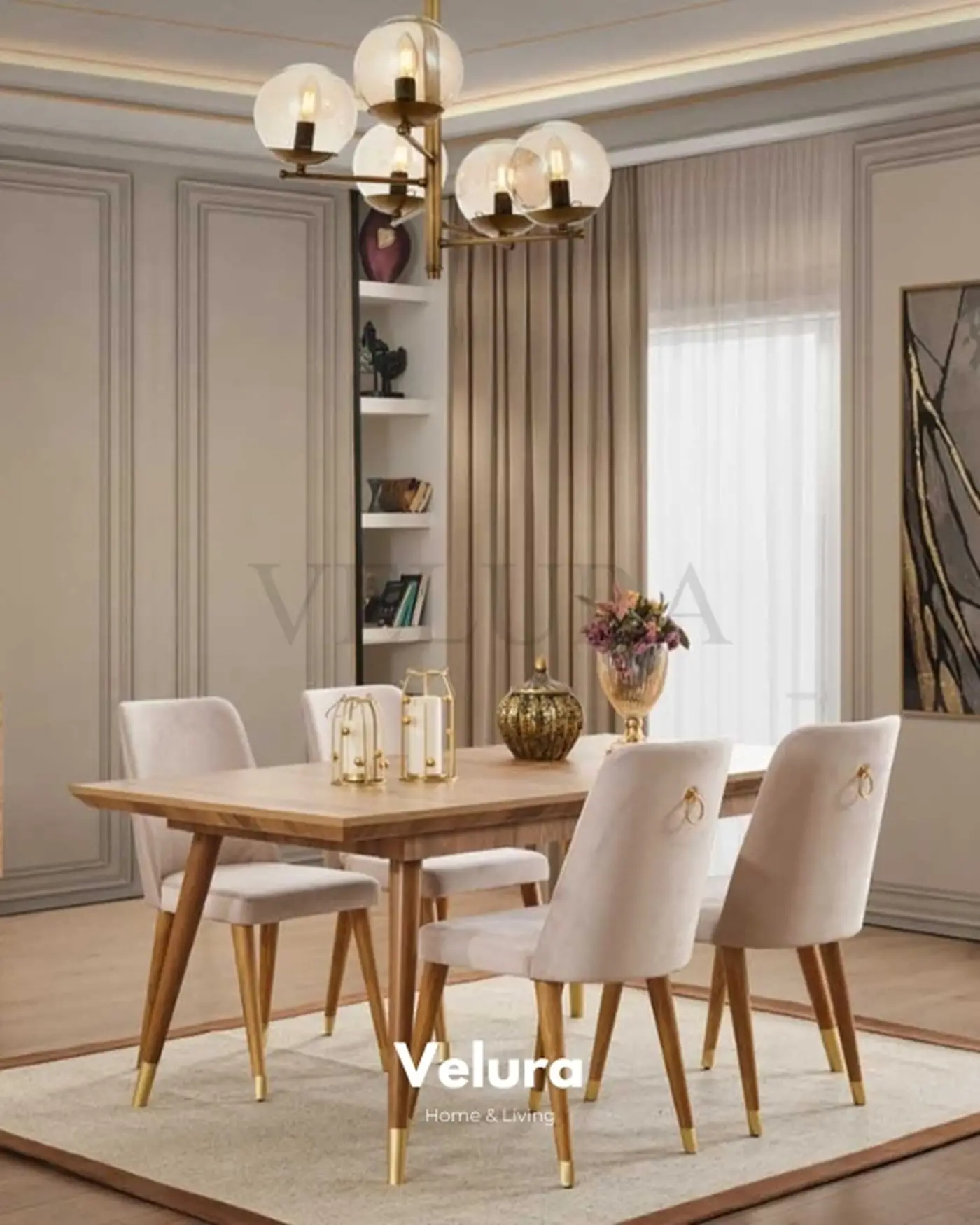 Pablo Yemek Masası - Ceviz Renk Gold Detaylı Gold Detaylı Modern Ceviz Yemek Masası