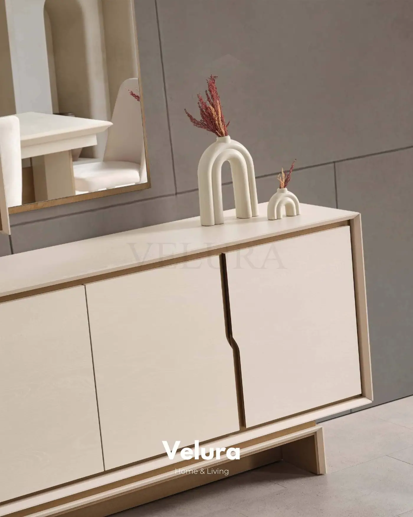 Rota Konsol - 4 Kapaklı Krem Renkli ve Aynalı Modern Konsol