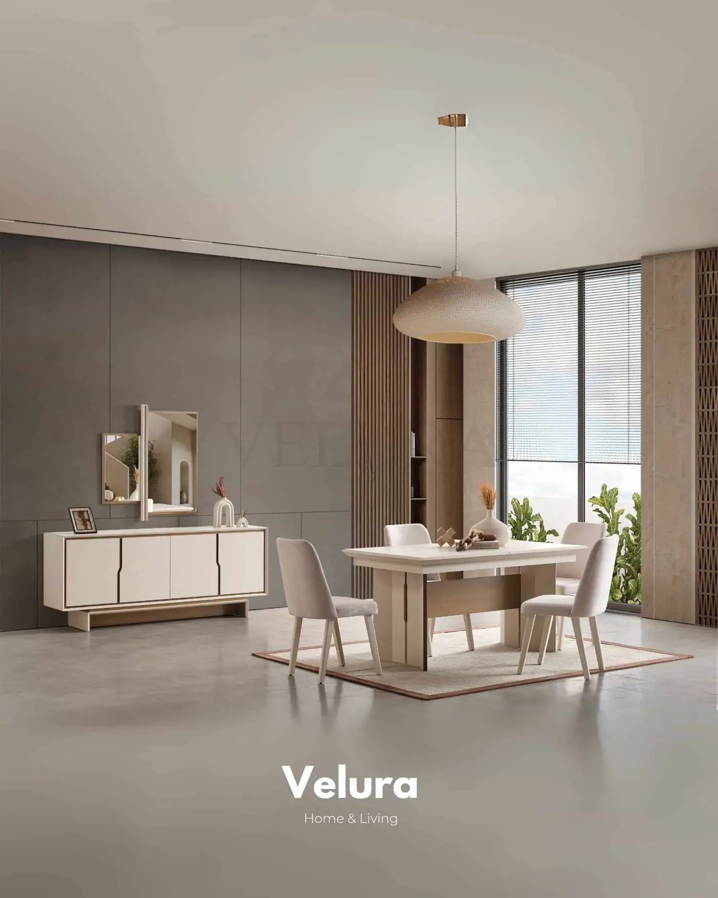 Rota Konsol - 4 Kapaklı Krem Renkli ve Aynalı Modern Konsol