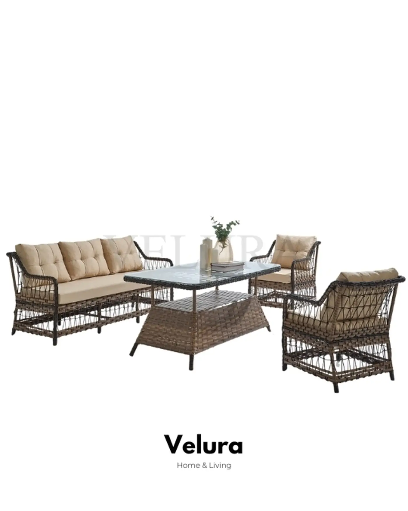 Stil Bahçe Takımı Kahverengi Rattan Krem Minder Kahverengi Rattan ve Krem Minderli Stil Bahçe Takımı