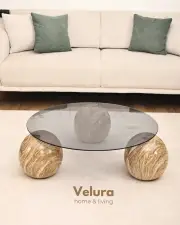 Küre Orta Sehpa - Traverten Mermer Top - Yuvarlak - Füme Cam
