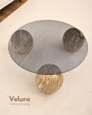 Küre Orta Sehpa - Traverten Mermer Top - Yuvarlak - Füme Cam