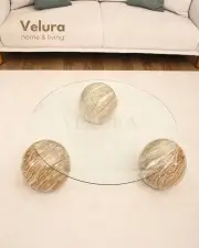 Küre Orta Sehpa - Traverten Mermer Top -  Yuvarlak - Şeffaf Cam