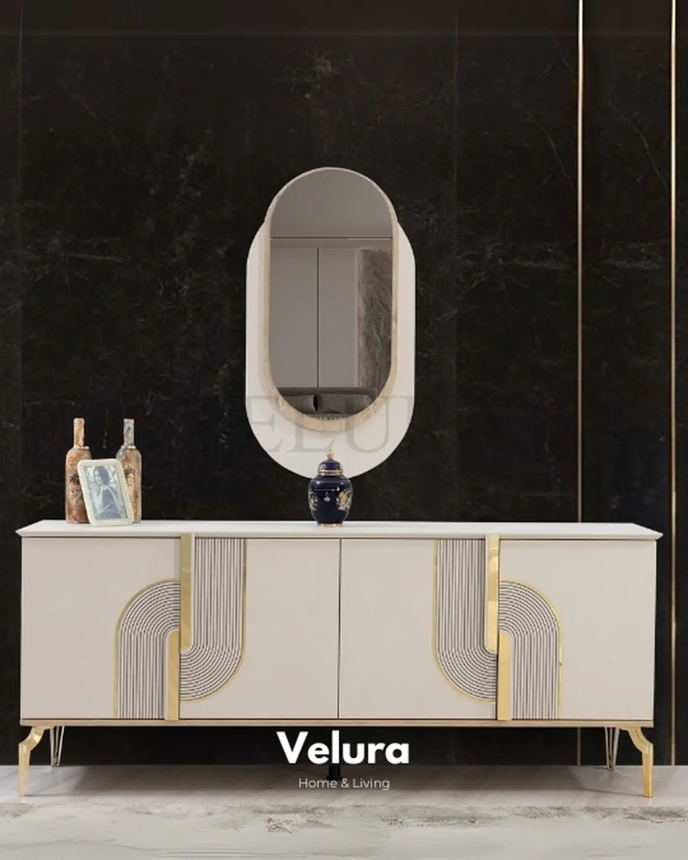 Gold Detaylı Lüks Konsol Modeli Velura Home Kendinden Desenli Konsol