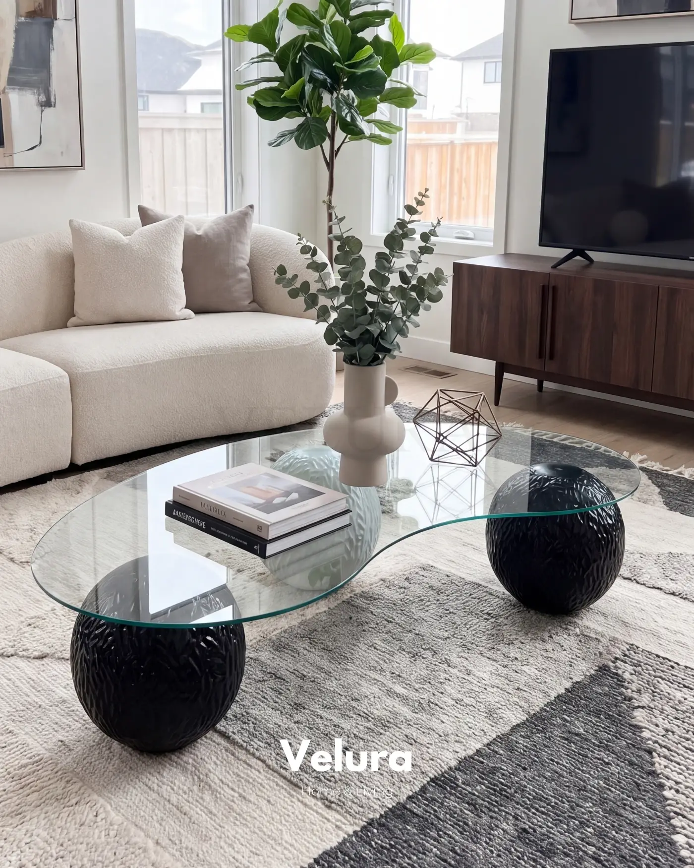 Velura Home Fasülye Form Dragon Desenli Orta Sehpa Şeffaf camlı dragon desenli modern sehpa