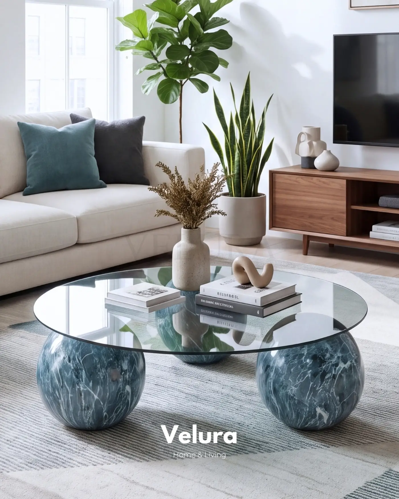 velura home ocean yuvarlak küre orta sehpa füme cam