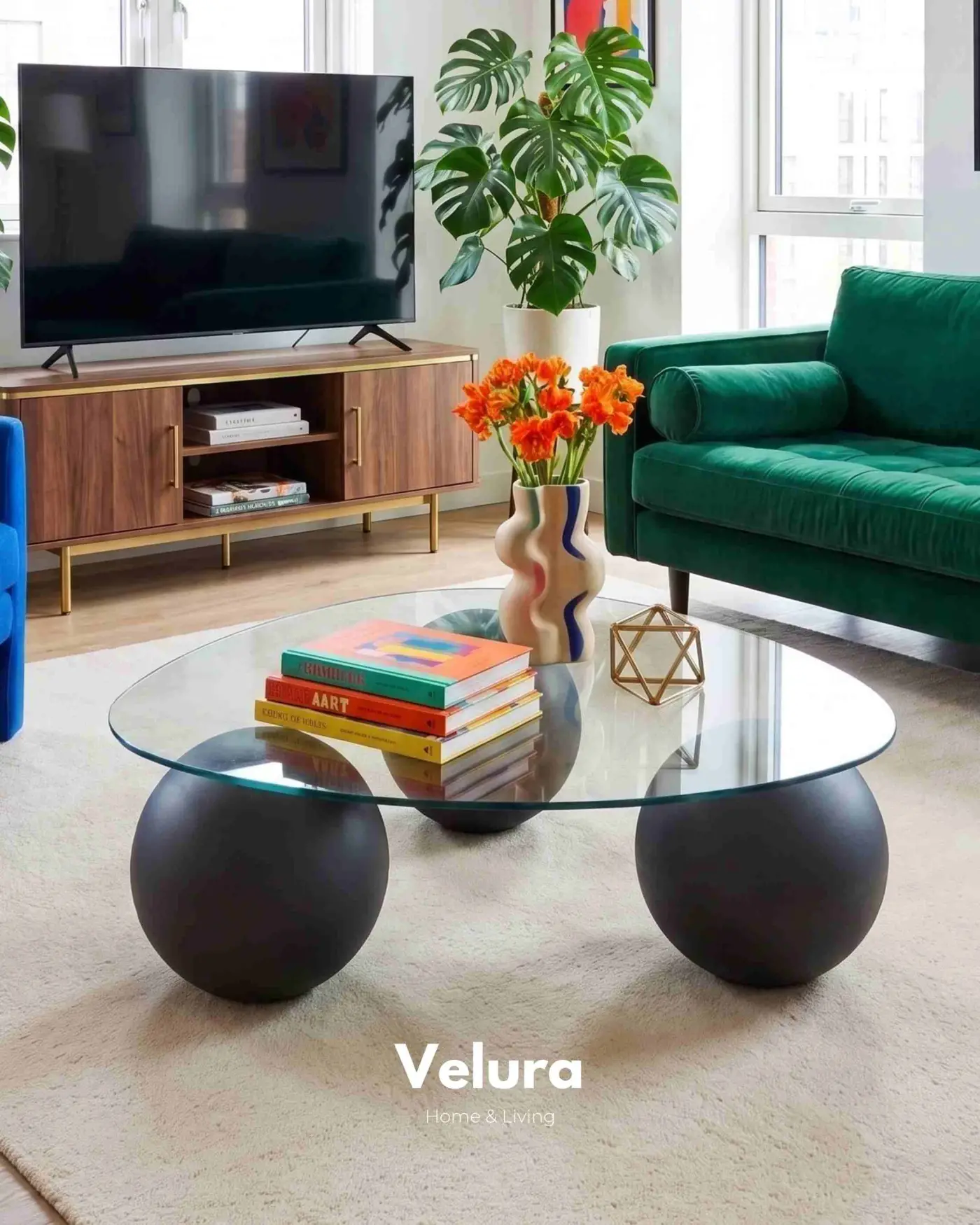 Modern Antrasit Üçgen Küre Orta Sehpa 100x80 cm Üçgen Şeffaf Cam Antrasit Küre Sehpa