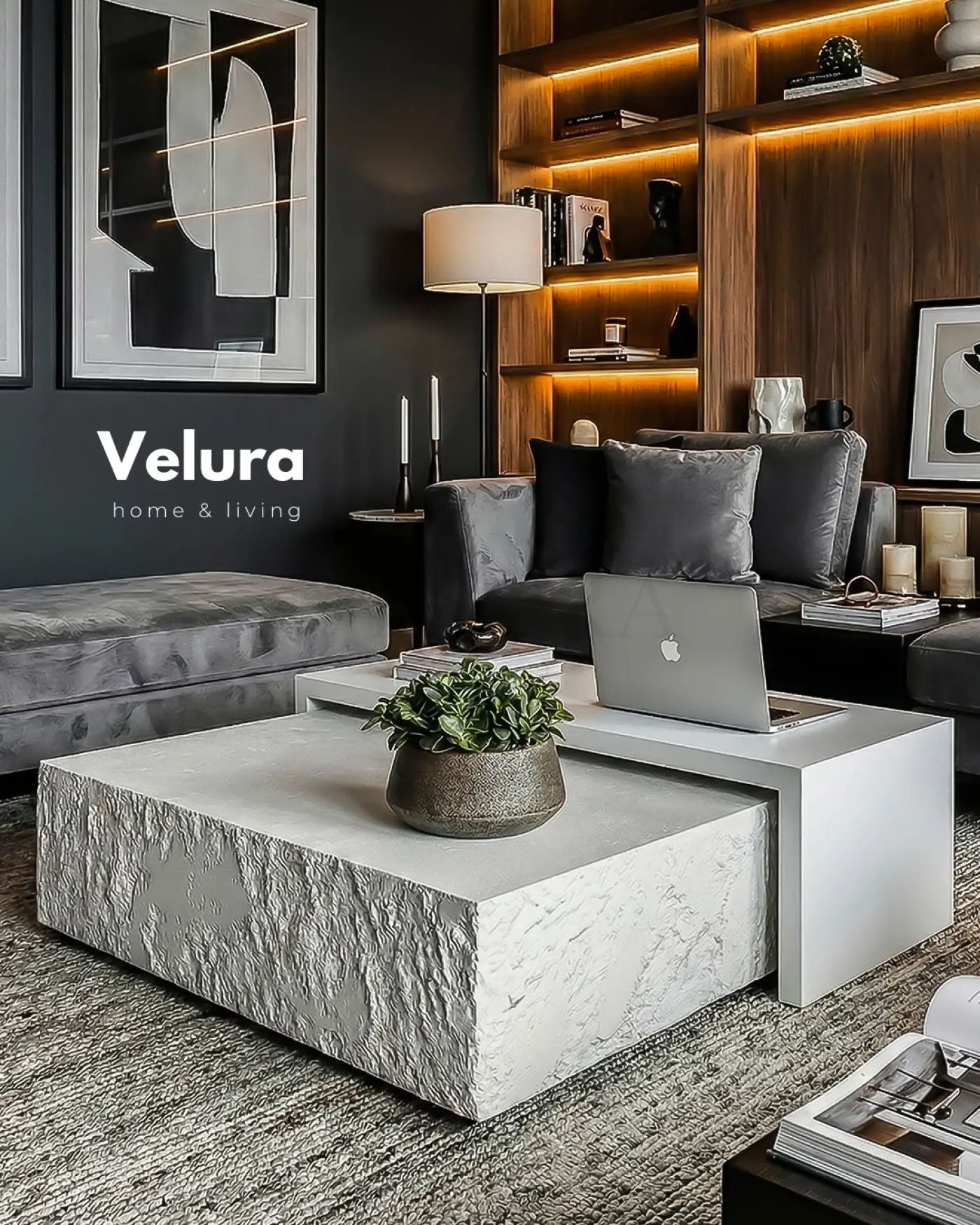 Nora Orta Sehpa (Taş + MDF) – 80x80x30 Nora orta sehpa taş ve MDF beyaz ahşap gövde 80x80