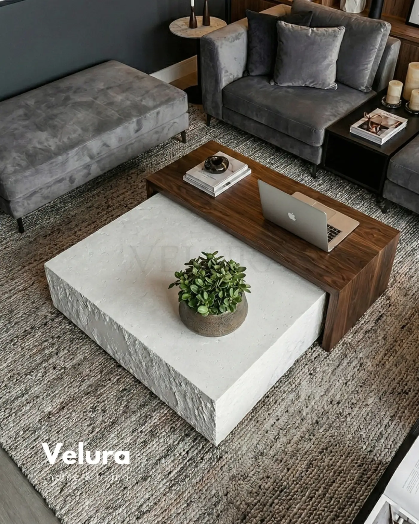 Nora Orta Sehpa (Taş + MDF) – 80x80x30 Nora orta sehpa taş ve MDF beyaz ahşap gövde 80x80