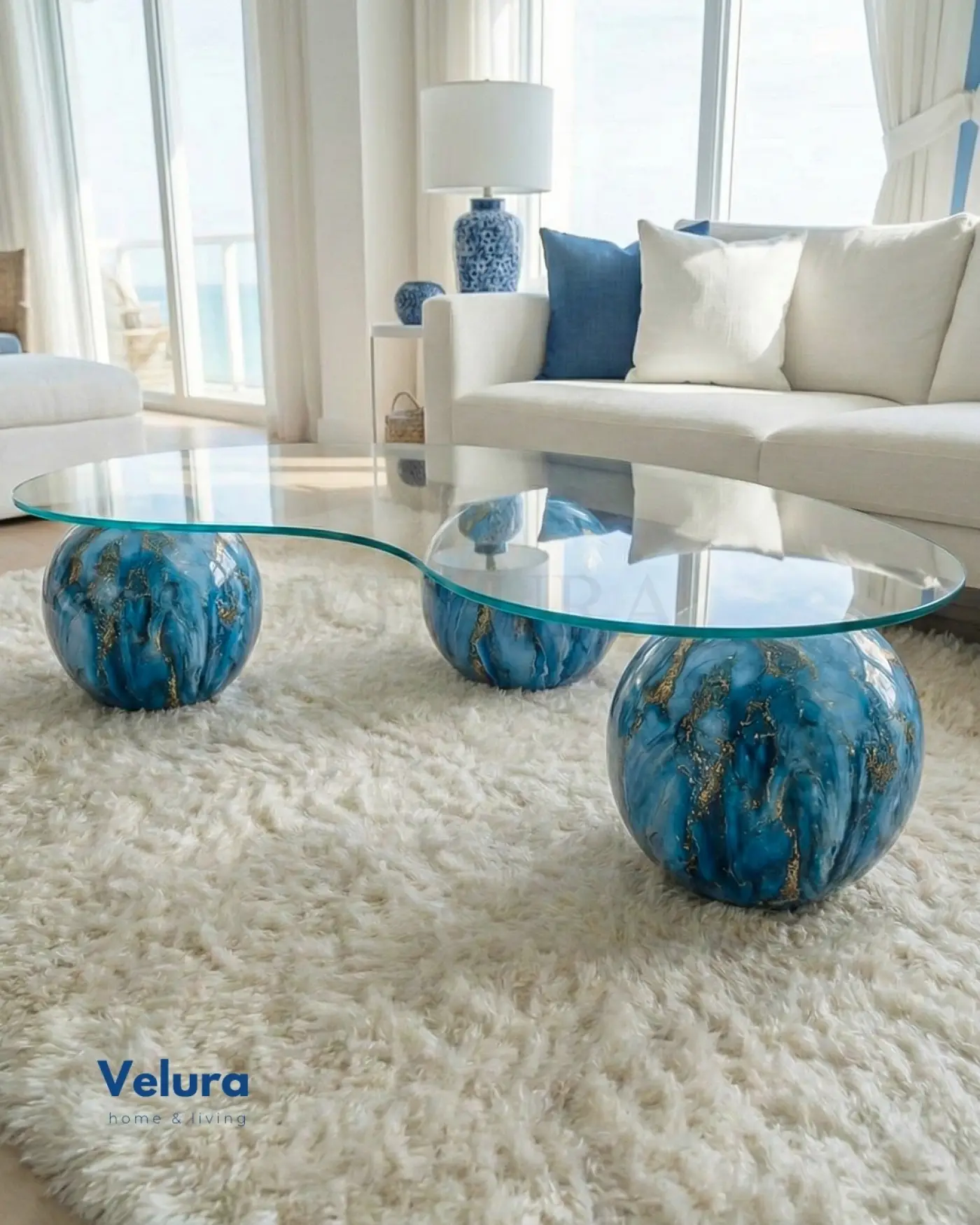 Velura Home Sky Model Şeffaf Fasülye Cam Orta Sehpa Gold Damarlı Mavi Mermer Şeffaf Fasülye Cam Orta Sehpa